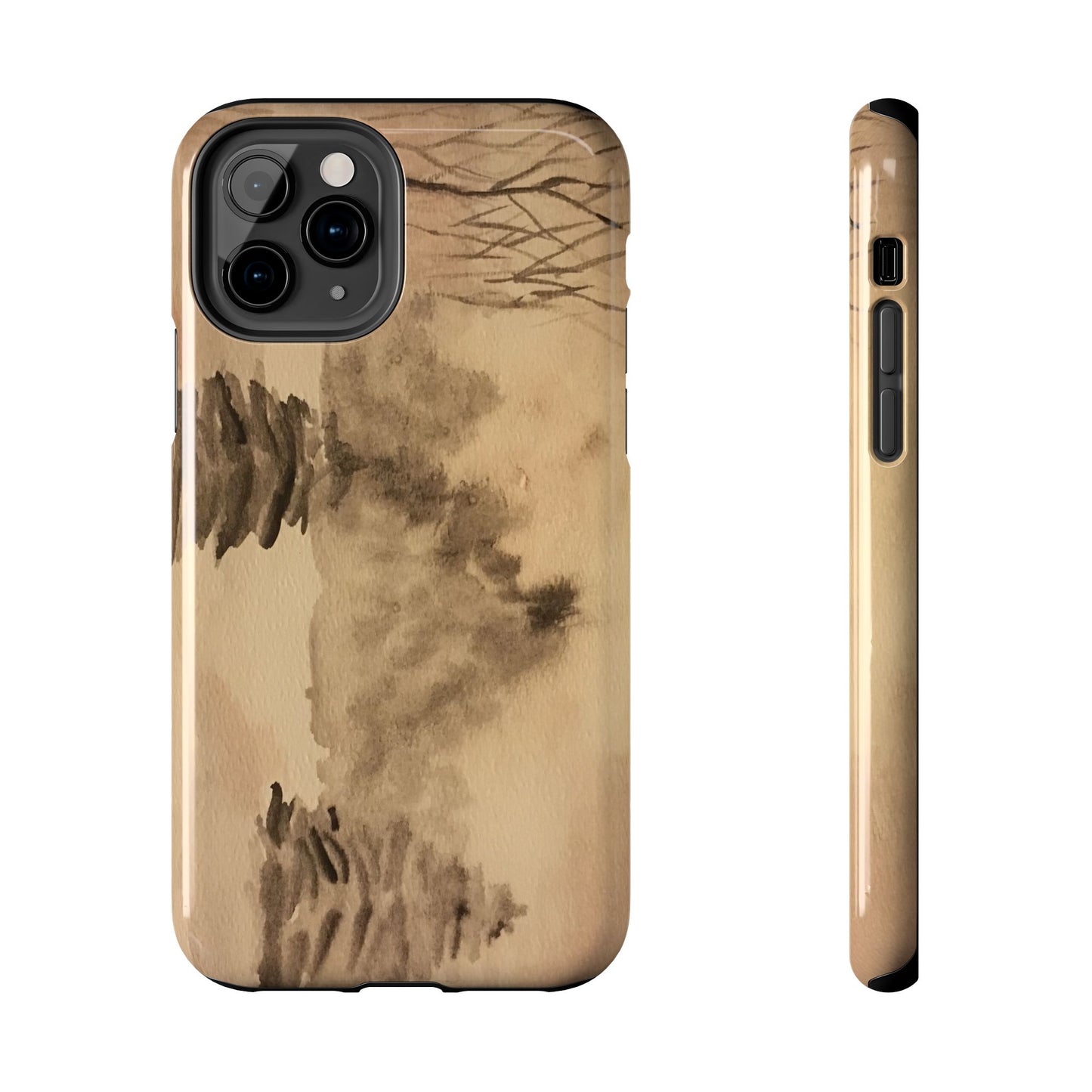 Winter Scene Tough Phone Cases, iPhone & Samsung cases, wireless charging, pine trees, snow, original watercolor artwork, gifts, Christmas
