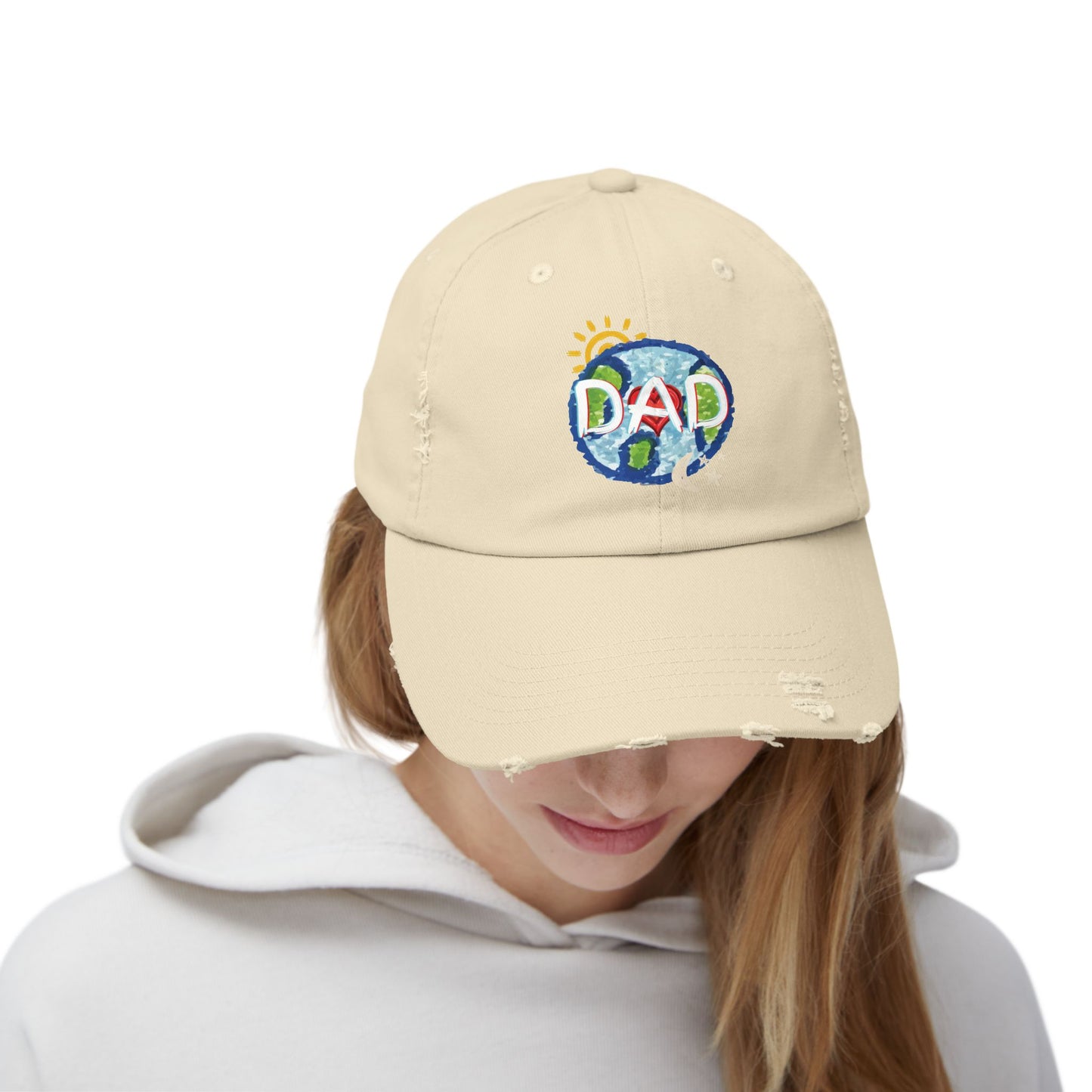 DAD Unisex Distressed Cap, Whole World, Sun, Moon & Stars, Heart, Fathers Day, Gift, Hats, Cotton Twill, Adjustable, Gifts for Men