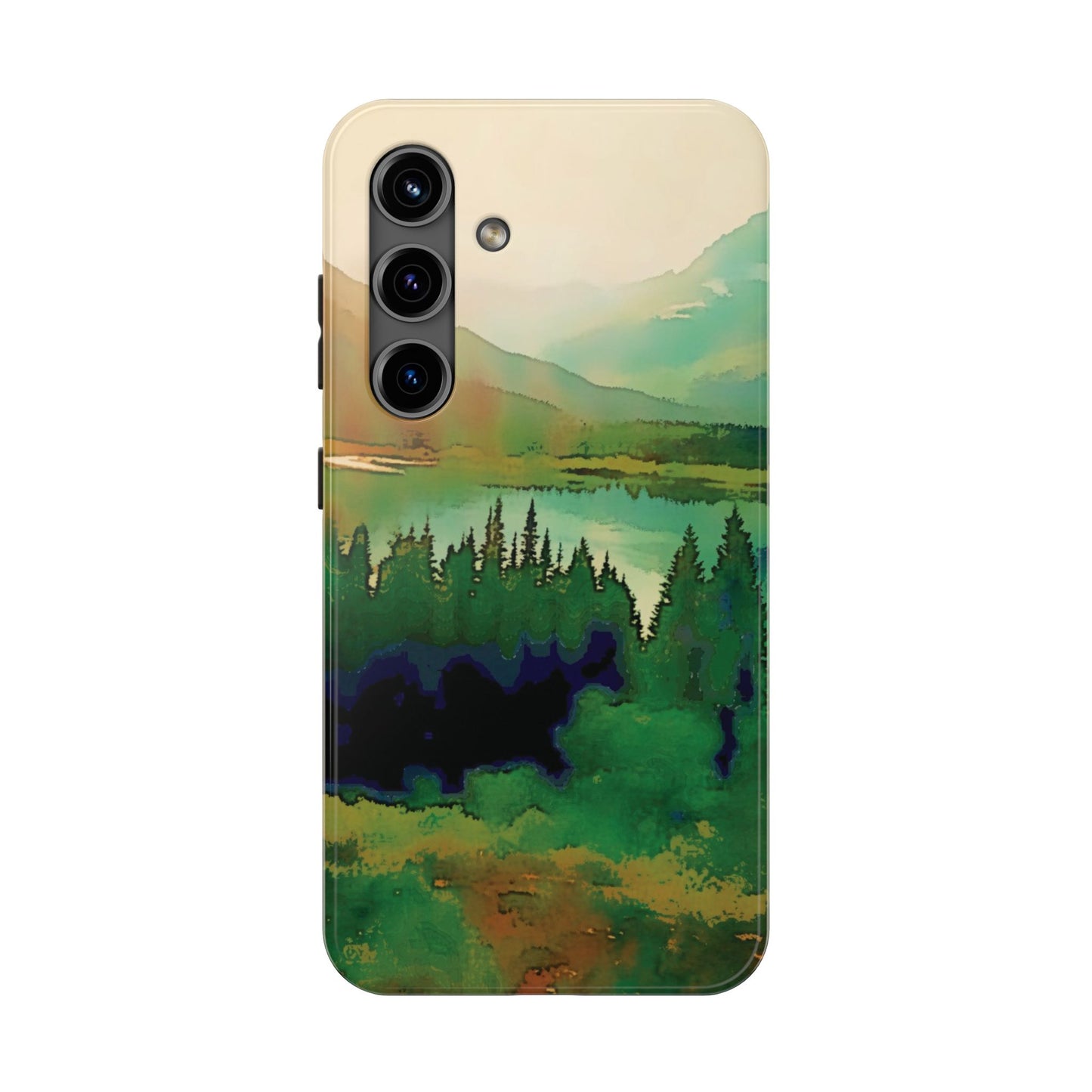Mountain Lake Tough Phone Cases, iPhone & Samsung cases, wireless charging, trees, nature, colorful, original artwork, gifts, Christmas