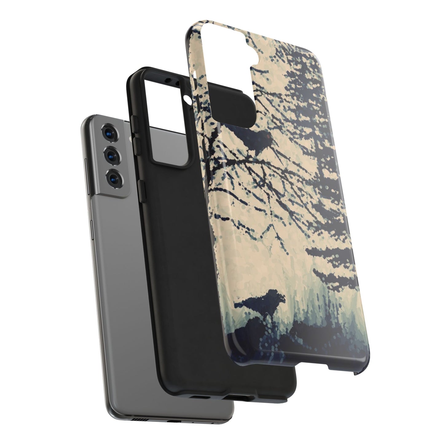 Crows in Forest Tough Phone Cases, iPhone & Samsung cases, wireless charging, crows, trees, birds, original artwork, gifts, Halloween