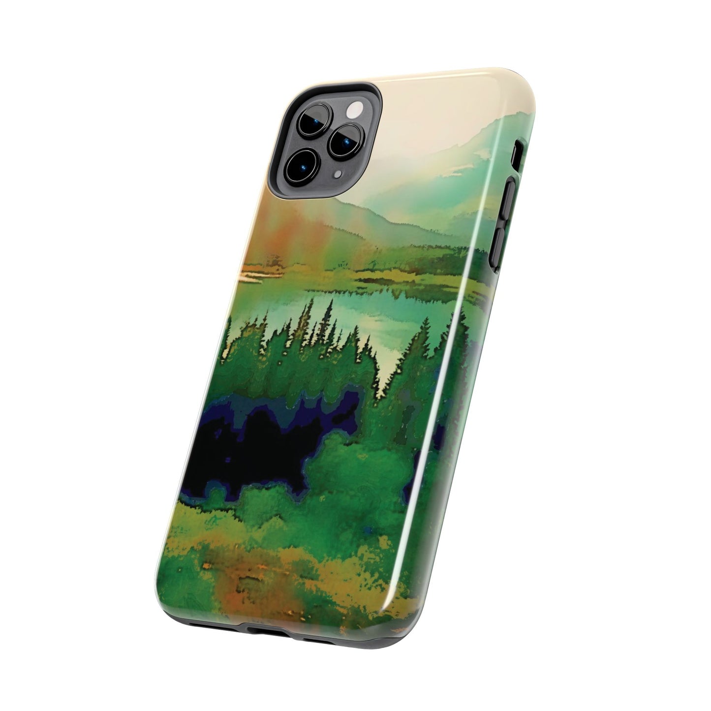 Mountain Lake Tough Phone Cases, iPhone & Samsung cases, wireless charging, trees, nature, colorful, original artwork, gifts, Christmas