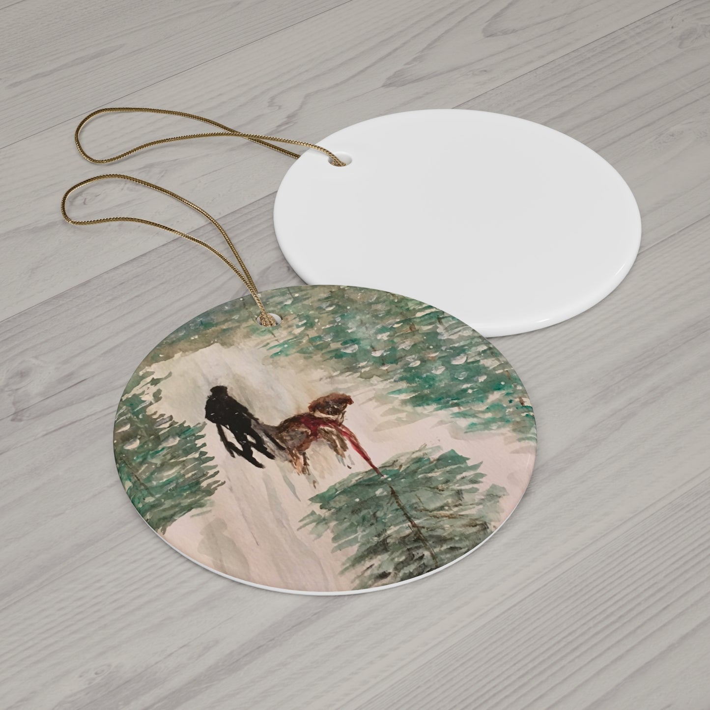Skier Dog Pulling Tree Hanging Ceramic Ornament, 4 Shapes Circle, Snowflake, Heart, Star, Christmas Tree, Holiday, Decor, Gifts, Snow Forest