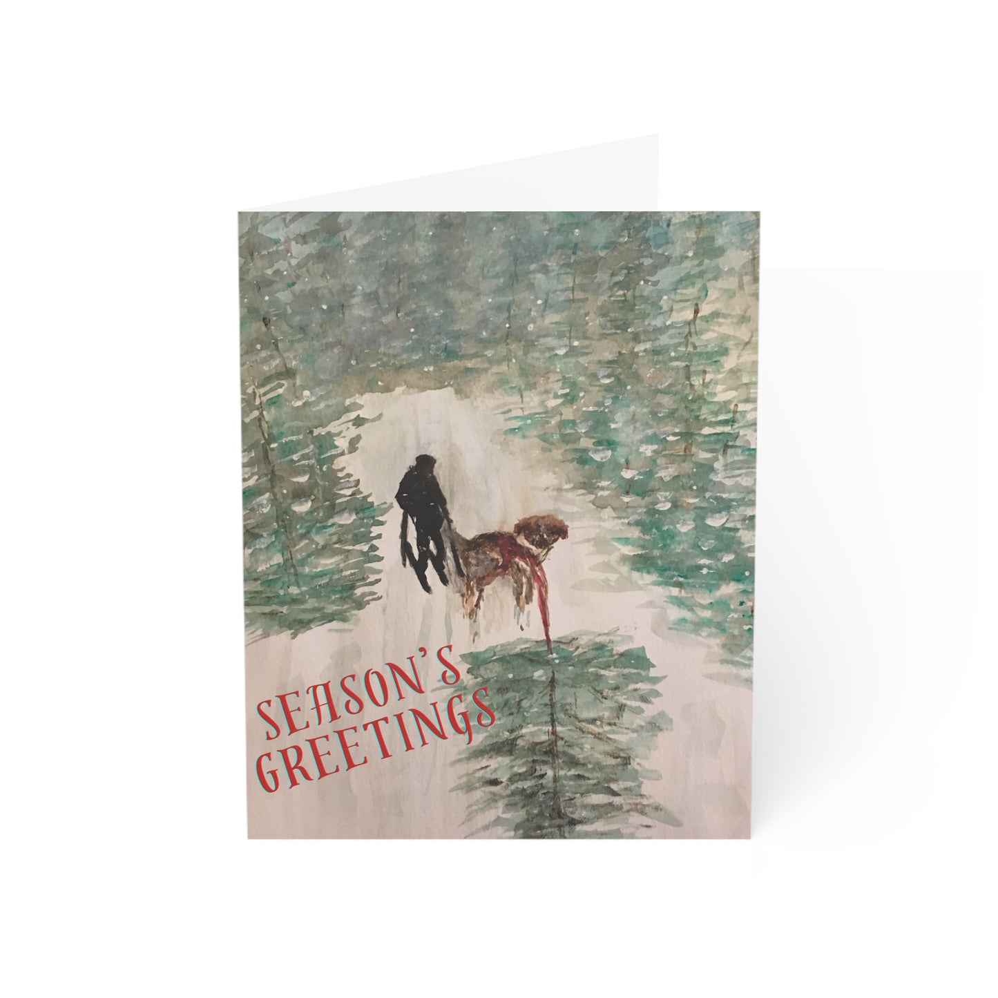 Holiday Greeting Cards Original Artwork Tree Hunting (10, 30, and 50pcs), Dog, Skis, Seasons Greetings, Wishing Health Happiness New Year