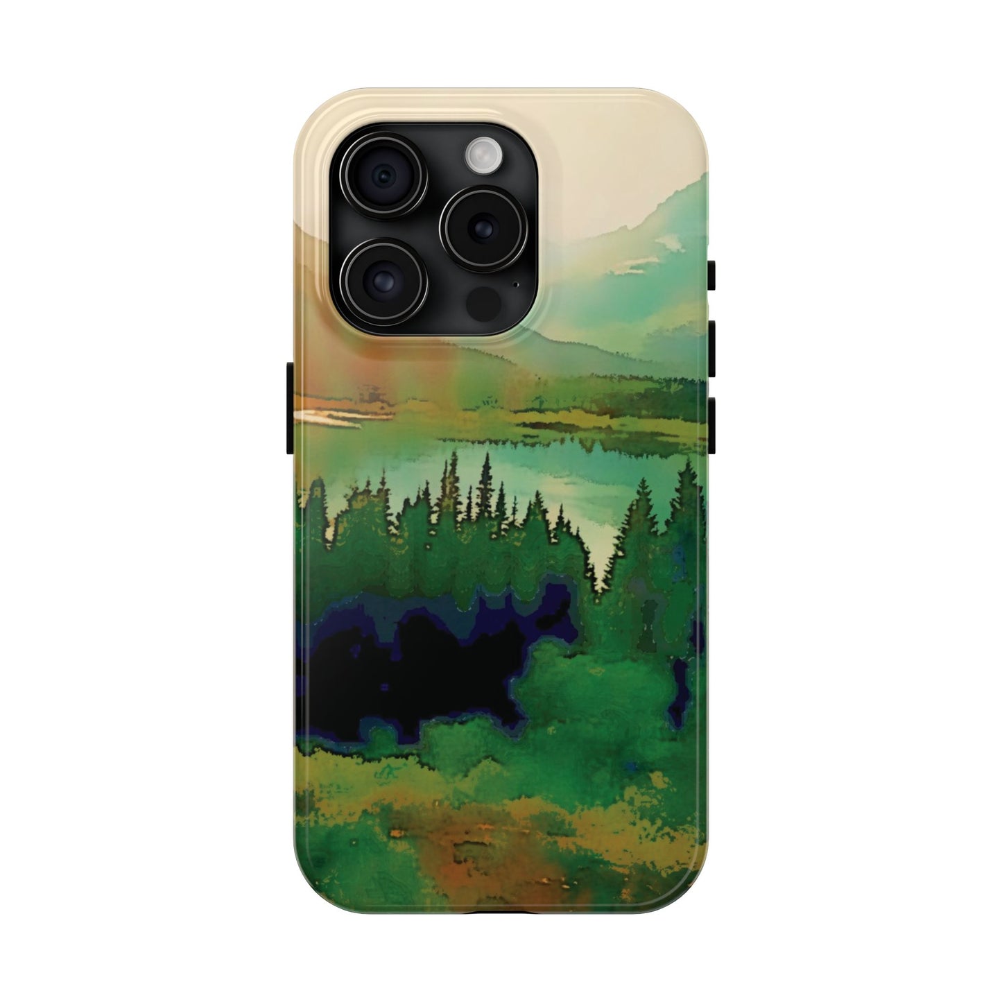 Mountain Lake Tough Phone Cases, iPhone & Samsung cases, wireless charging, trees, nature, colorful, original artwork, gifts, Christmas
