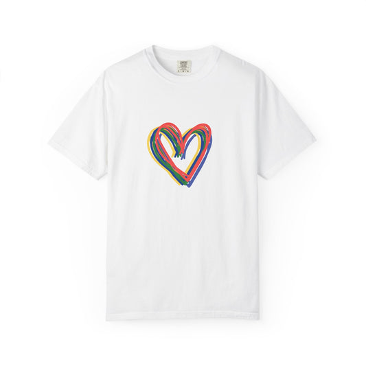 Rainbow Hearts Unisex Garment-Dyed T-shirt, love, Pride, gender neutral, casual, men, women, relaxed, soft, preshrunk cotton, Valentines Day