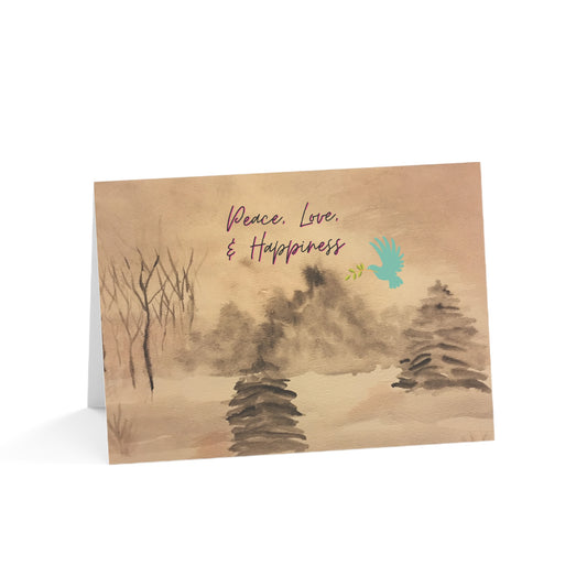 Holiday Greeting Cards Original Artwork Winter Scene (10, 30, & 50pcs), Peace Love Happiness, Wishing Joyful Healthy New Year, 4 size/3 fin