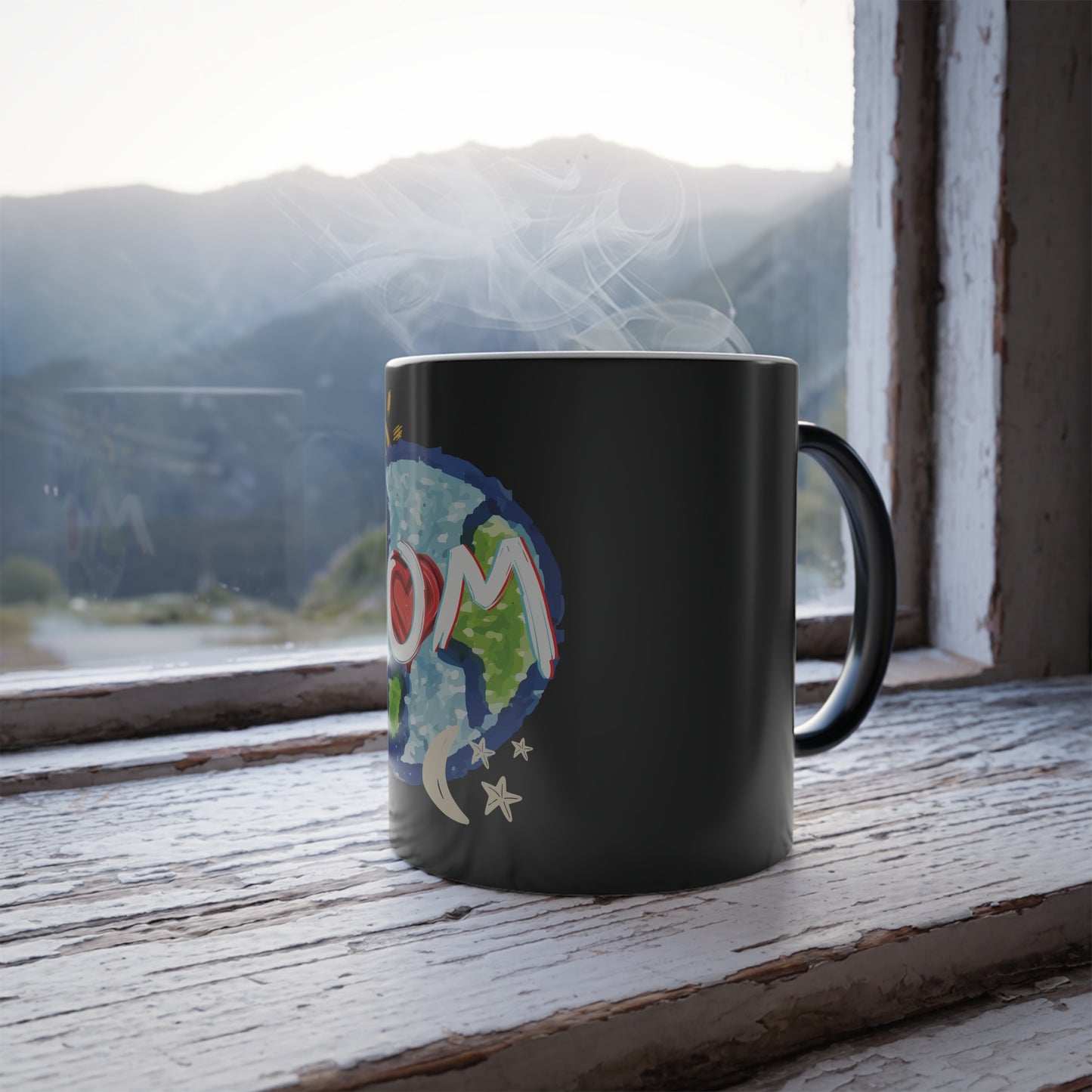 MOM Color Morphing Mug, Heat Reactive Mother's Day Coffee Cup with Whole World, Sun, Moon & Stars Design