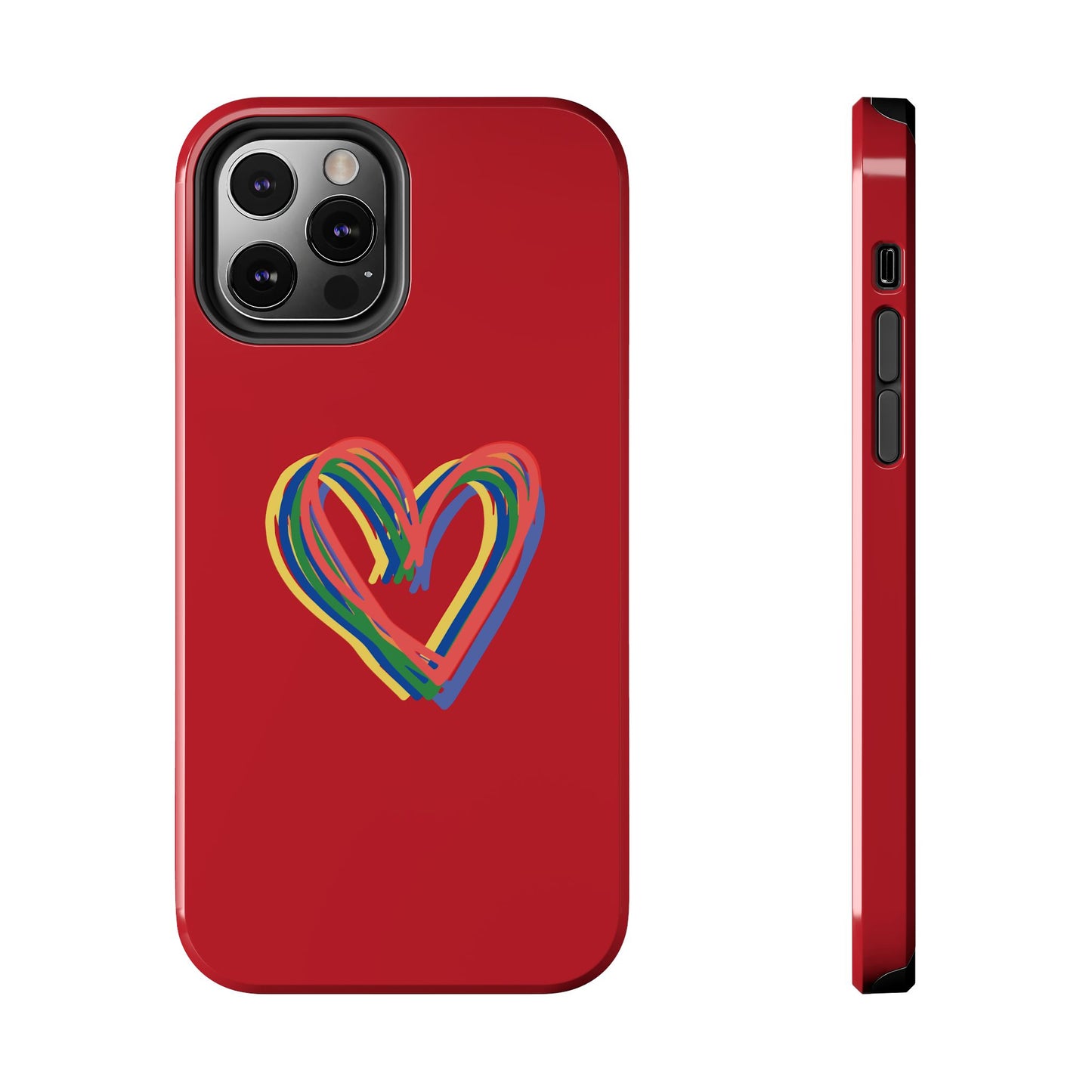 Rainbow Hearts Tough Phone Case, Red Phone Cover, Smartphone Case, Heart Pattern Phone Shell, Phone Hard Case, Colorful, Wireless Charging