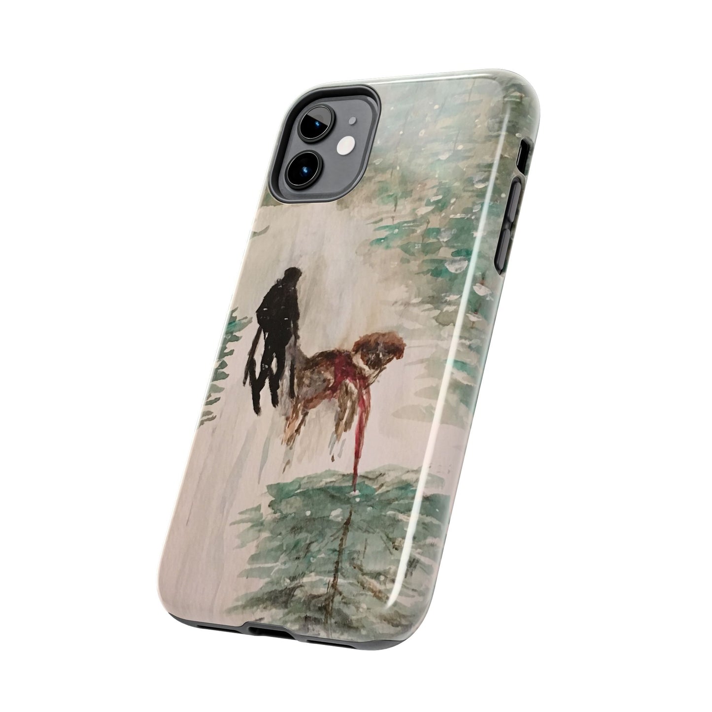 Skier Dog Pulling Tree Tough Phone Cases, iPhone & Samsung cases, wireless charging, pine trees, snow, original artwork, gifts, Christmas