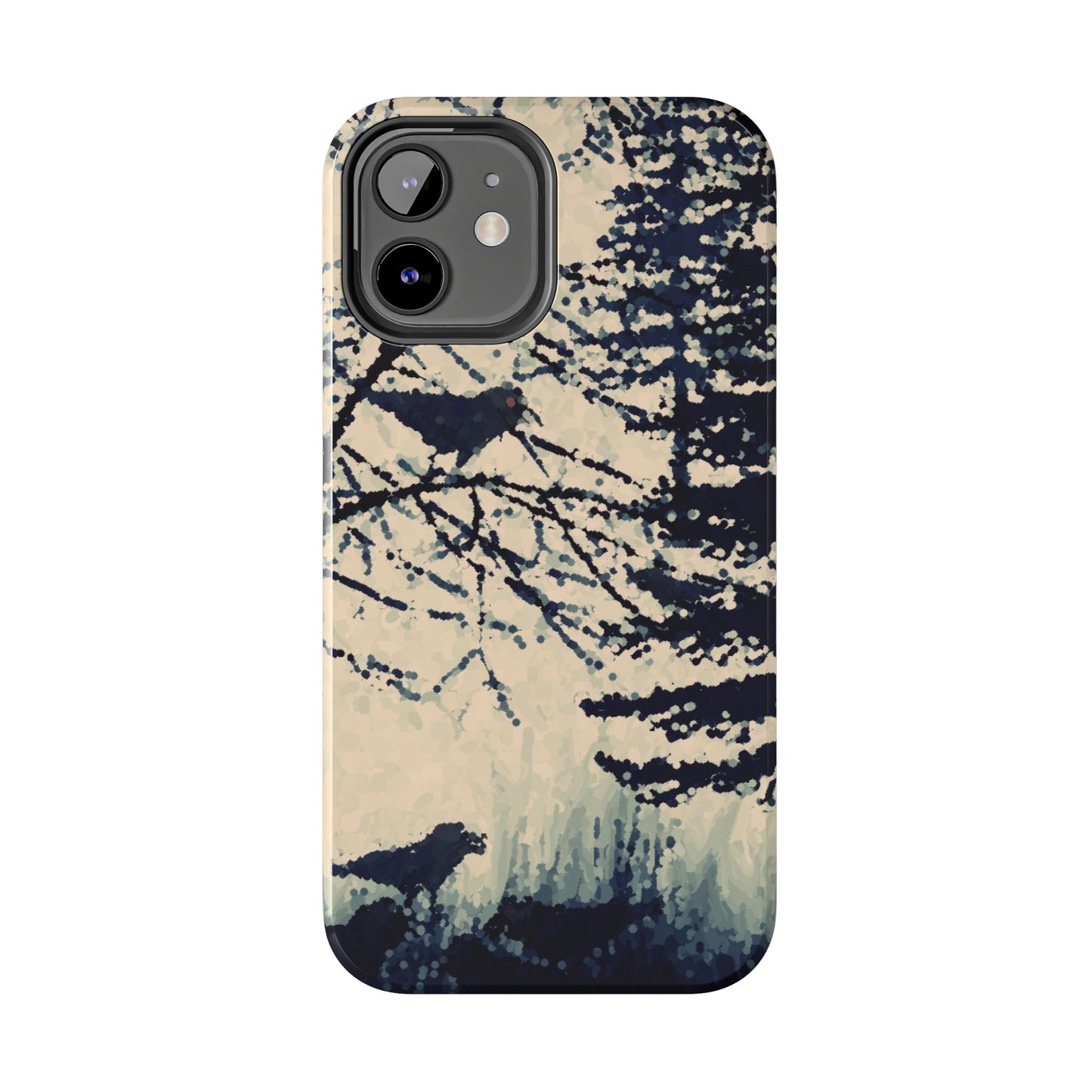 Crows in Forest Tough Phone Cases, iPhone & Samsung cases, wireless charging, crows, trees, birds, original artwork, gifts, Halloween
