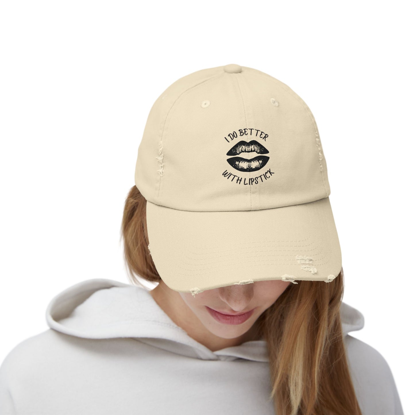 Distressed Cap - I Do Better With Lipstick, Glamorous & Bold, Adjustable, Cotton Twill