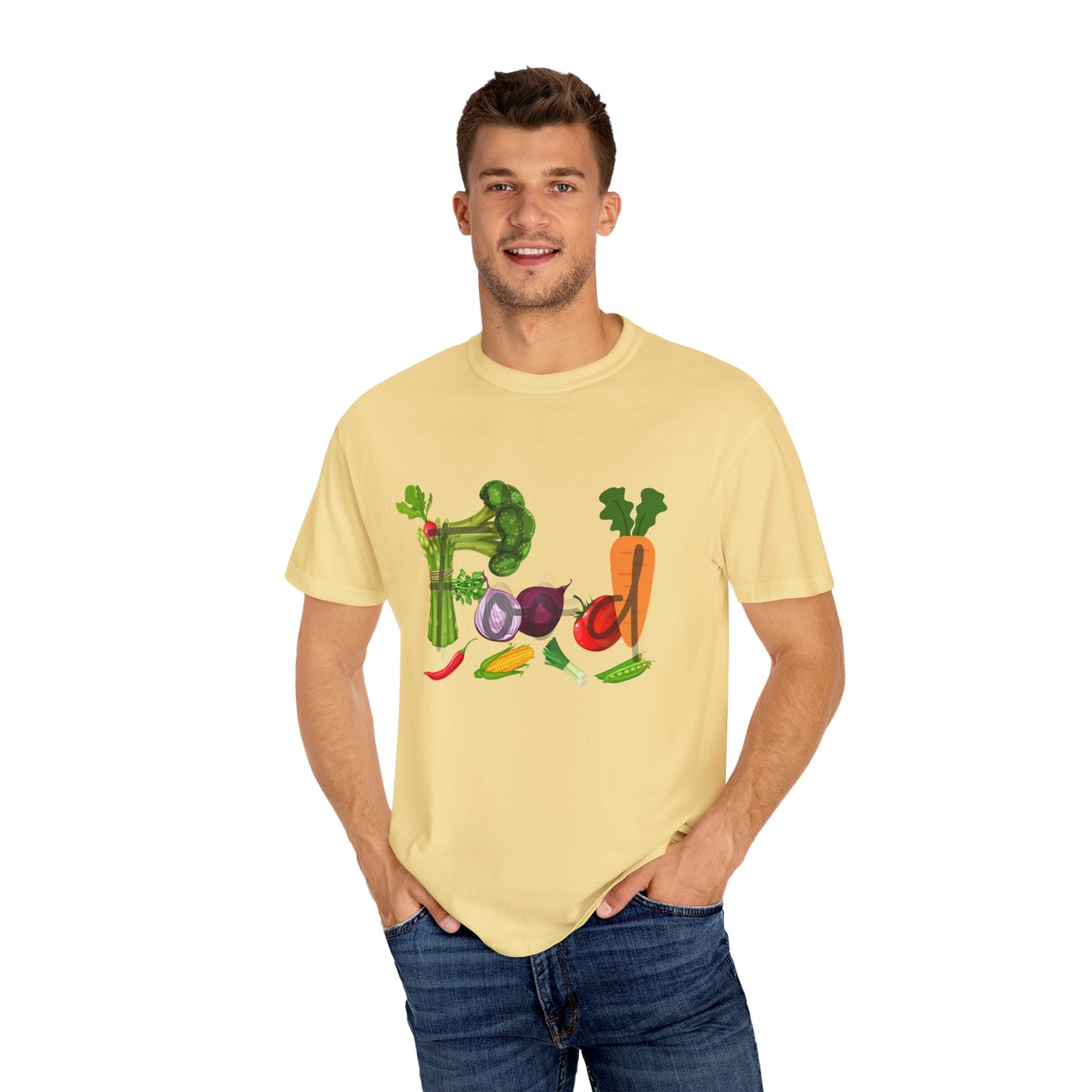 Food Unisex Garment-Dyed T-shirt, vegetables, healthy, groceries, snacks, cooking, gender neutral, casual, relaxed, soft, preshrunk cotton