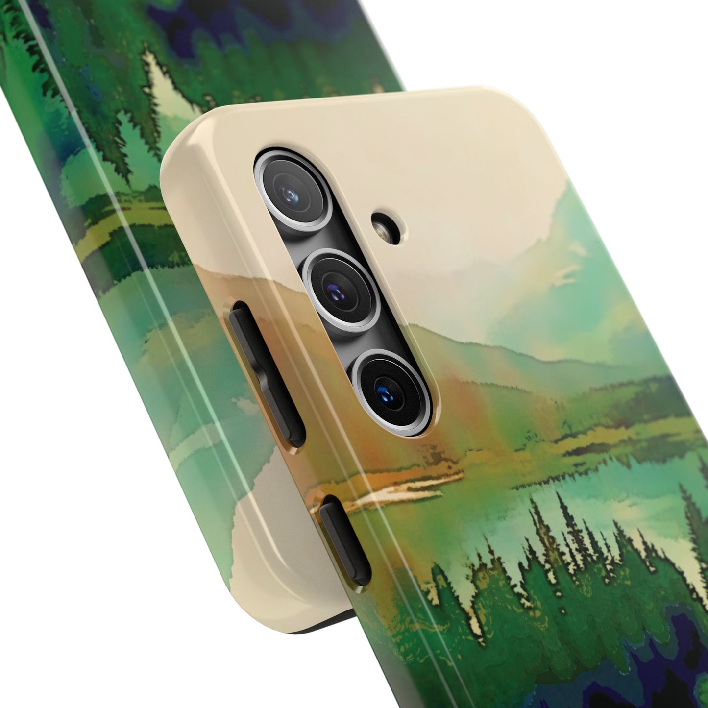 Mountain Lake Tough Phone Cases, iPhone & Samsung cases, wireless charging, trees, nature, colorful, original artwork, gifts, Christmas