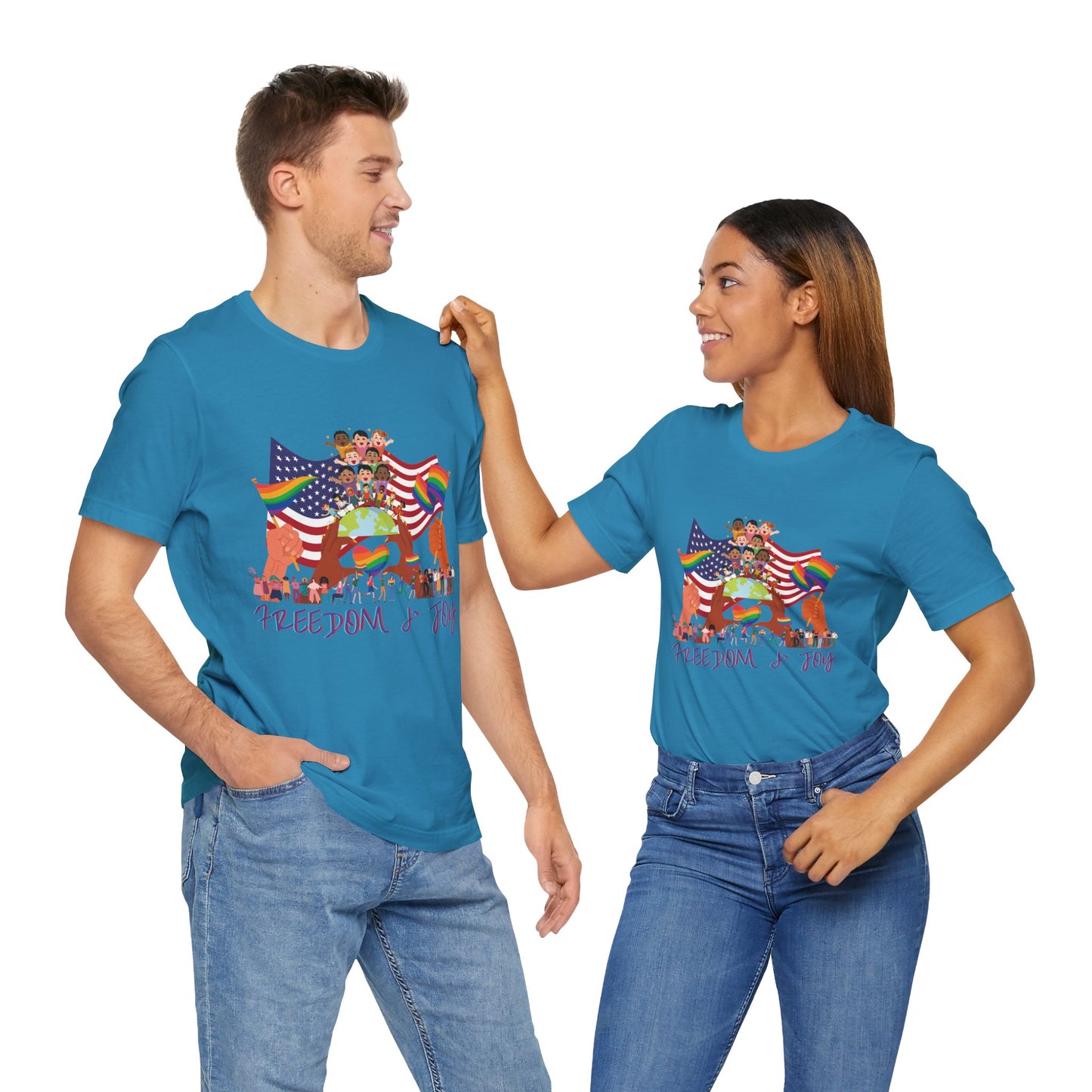 Freedom & Joy Unisex Tee, America, Inclusion, Equality, Love, Pride, Flag, Election, Gift, Comfy, Soft, Casual, Gender Neutral, Short Sleeve