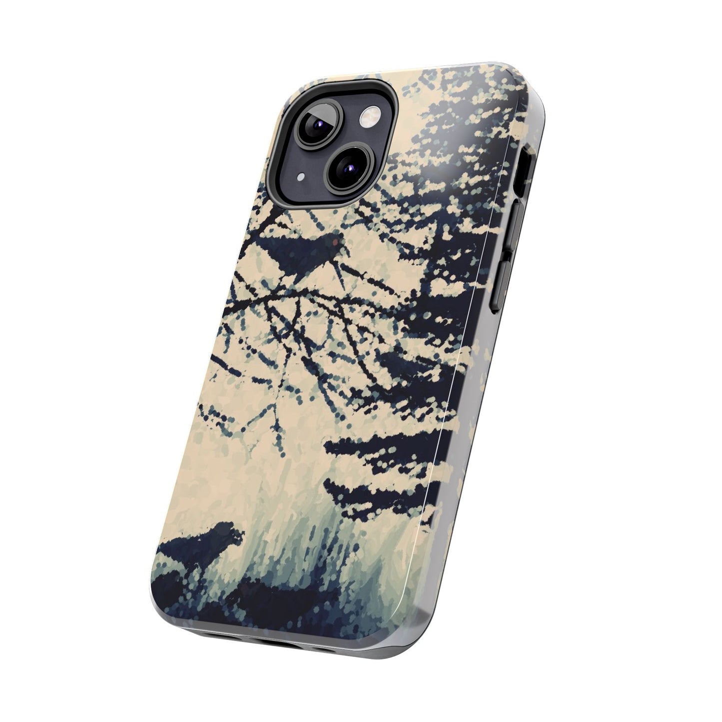 Crows in Forest Tough Phone Cases, iPhone & Samsung cases, wireless charging, crows, trees, birds, original artwork, gifts, Halloween