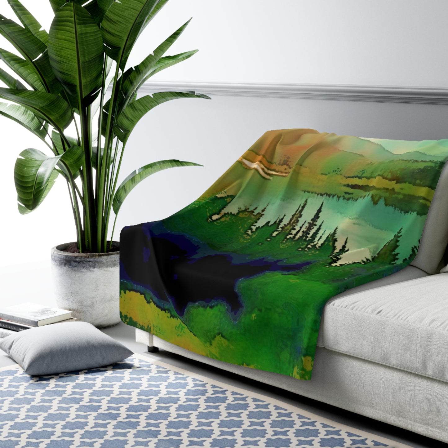 Mountain Lake Sherpa Fleece Blanket, Custom Artwork, Decor, Throw, Cozy, Gift, Holidays, Trees, Forest, Nature, Rustic, Christmas, Warm