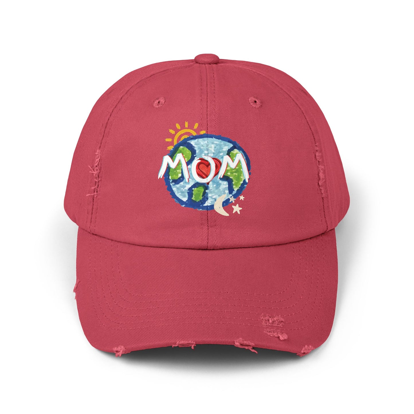 MOM Unisex Distressed Cap, Whole World, Sun, Moon & Stars, Heart, Mothers Day, Gifts for Women, Gift, Hats, Cotton Twill, Adjustable