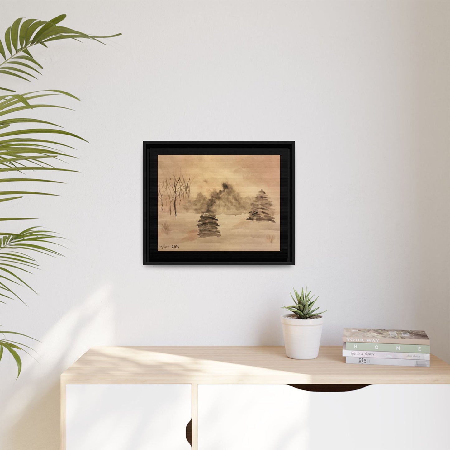 Black Frame Winter Scene, Original Watercolor Print, Snow, Nature, Trees, Forest, Artwork, Wall Art, Canvas, Black Tones, Gift, Christmas