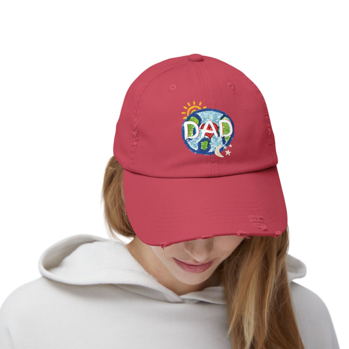DAD Unisex Distressed Cap, Whole World, Sun, Moon & Stars, Heart, Fathers Day, Gift, Hats, Cotton Twill, Adjustable, Gifts for Men