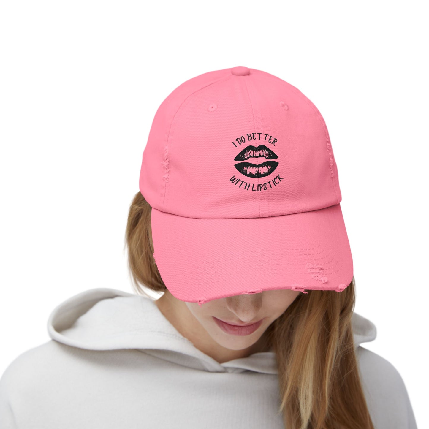 Distressed Cap - I Do Better With Lipstick, Glamorous & Bold, Adjustable, Cotton Twill