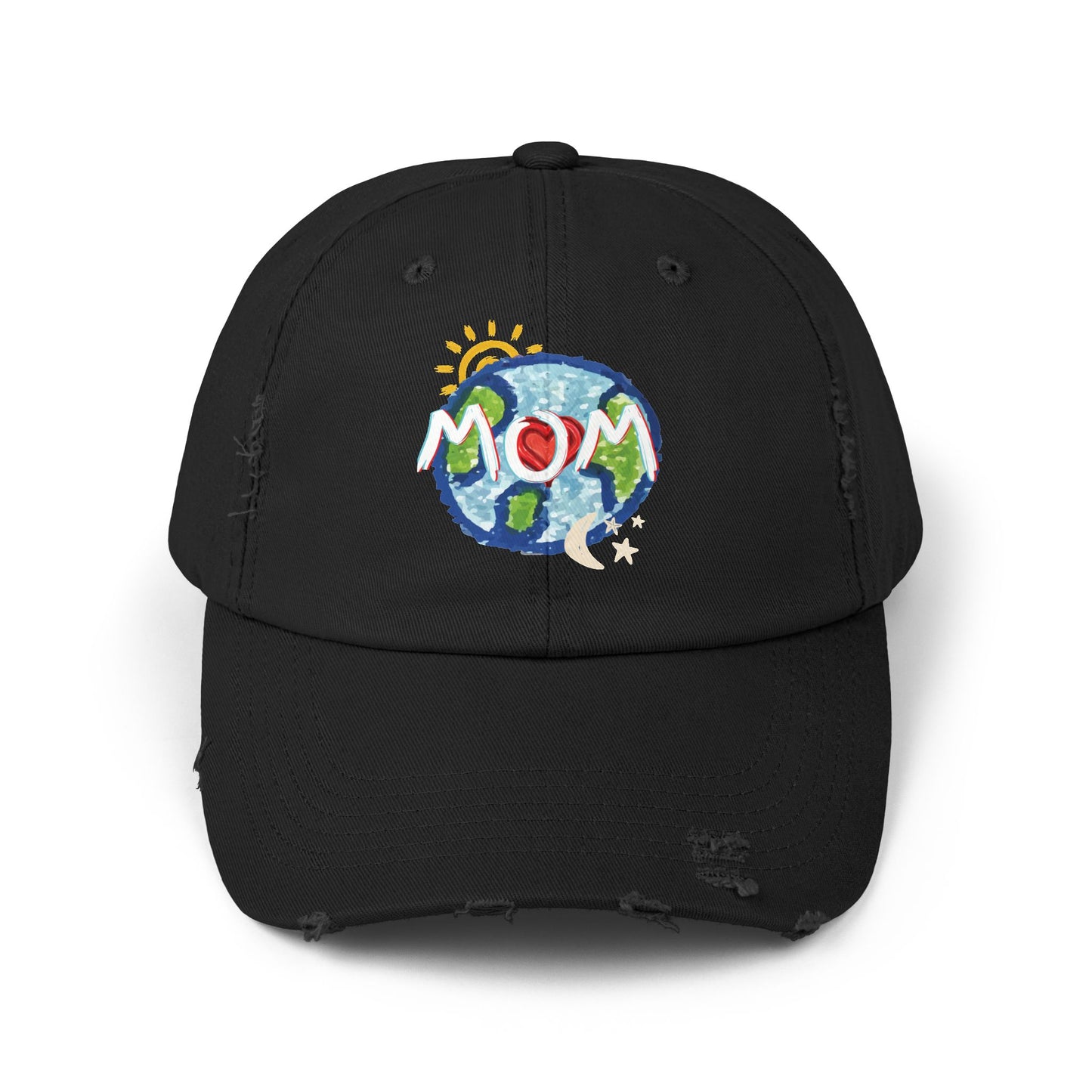 MOM Unisex Distressed Cap, Whole World, Sun, Moon & Stars, Heart, Mothers Day, Gifts for Women, Gift, Hats, Cotton Twill, Adjustable