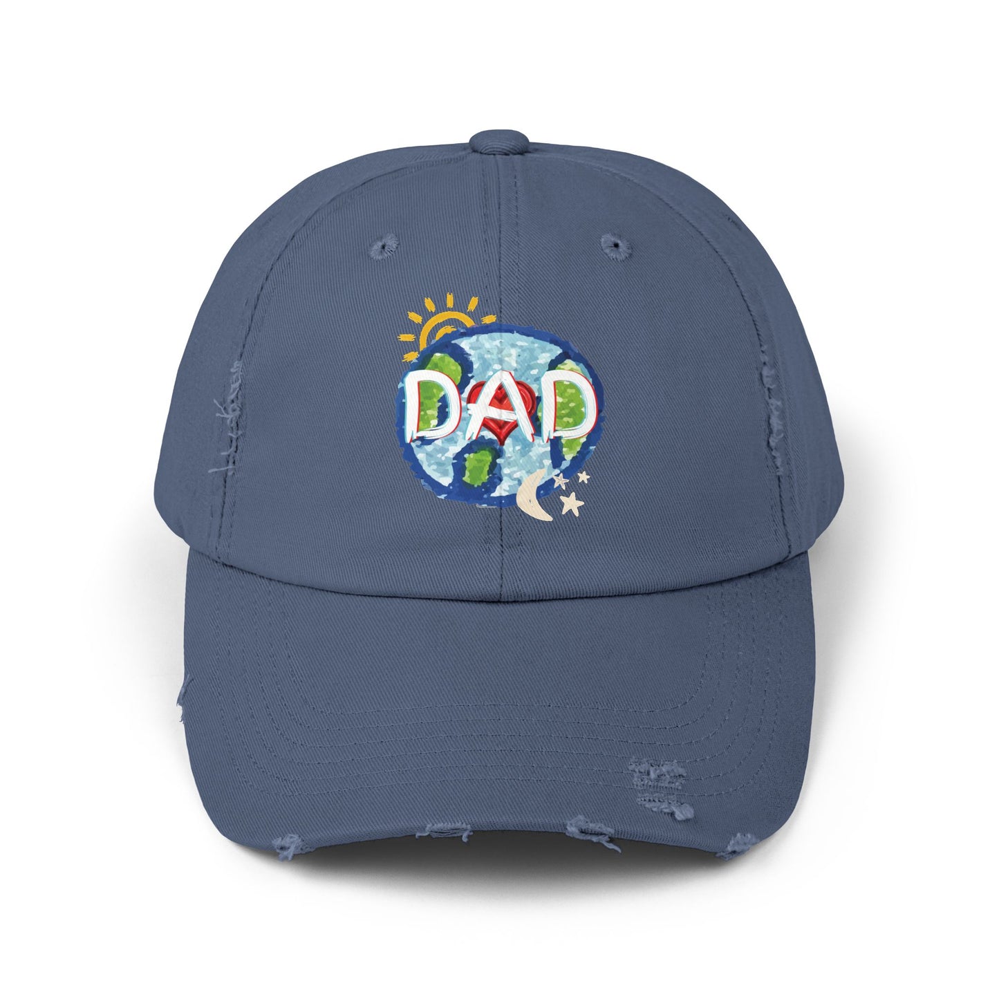 DAD Unisex Distressed Cap, Whole World, Sun, Moon & Stars, Heart, Fathers Day, Gift, Hats, Cotton Twill, Adjustable, Gifts for Men