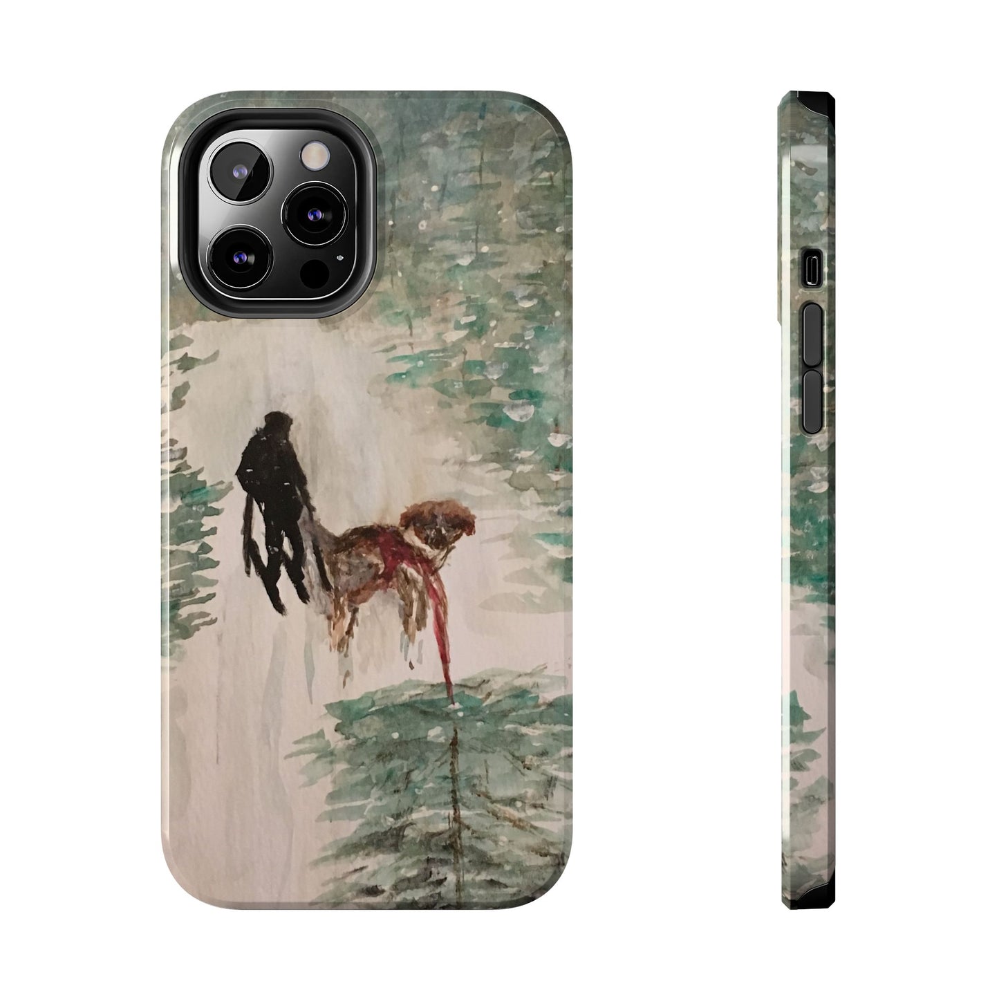 Skier Dog Pulling Tree Tough Phone Cases, iPhone & Samsung cases, wireless charging, pine trees, snow, original artwork, gifts, Christmas
