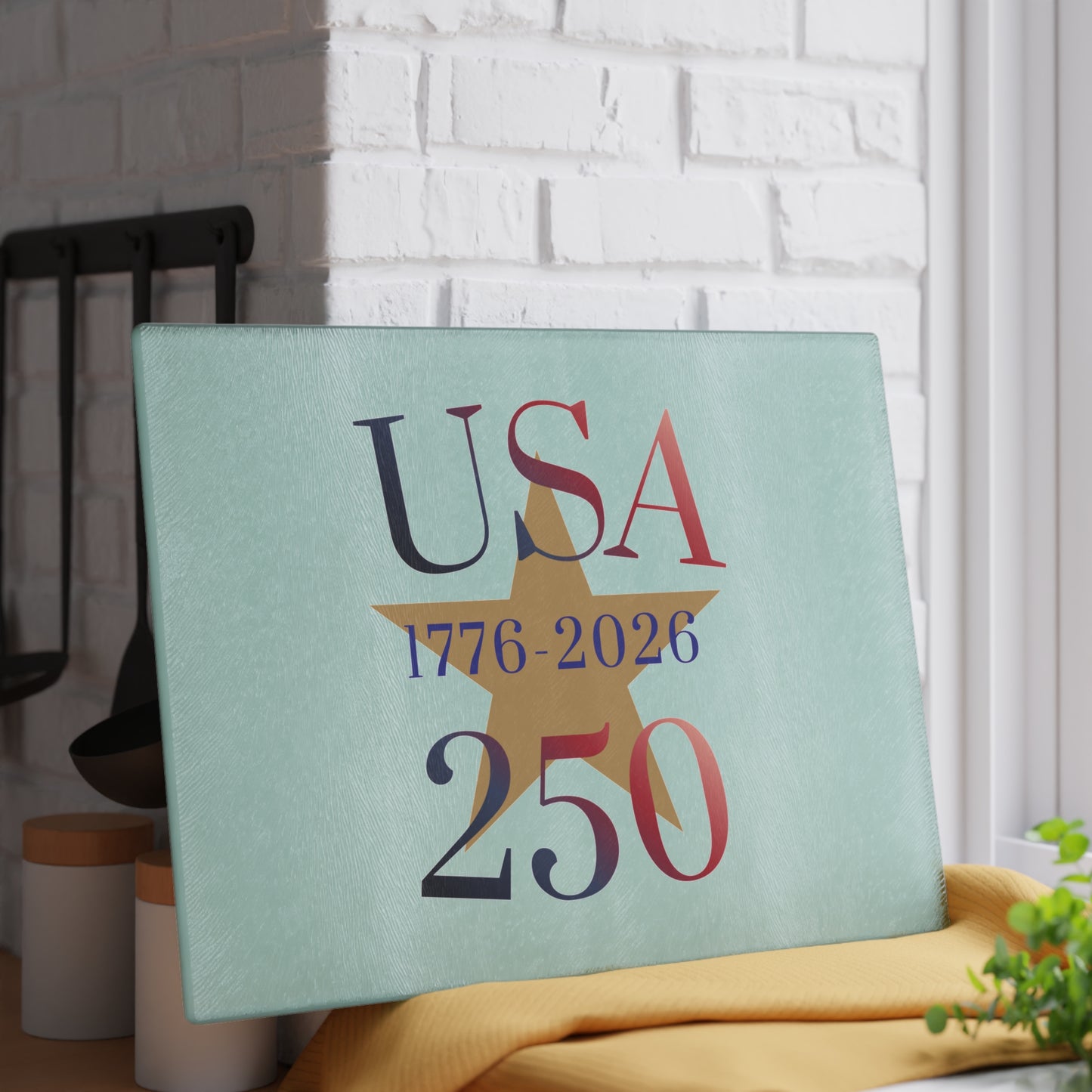 USA 250th Anniversary Glass Cutting Board — 1776–2026 Patriotic Kitchen Decor