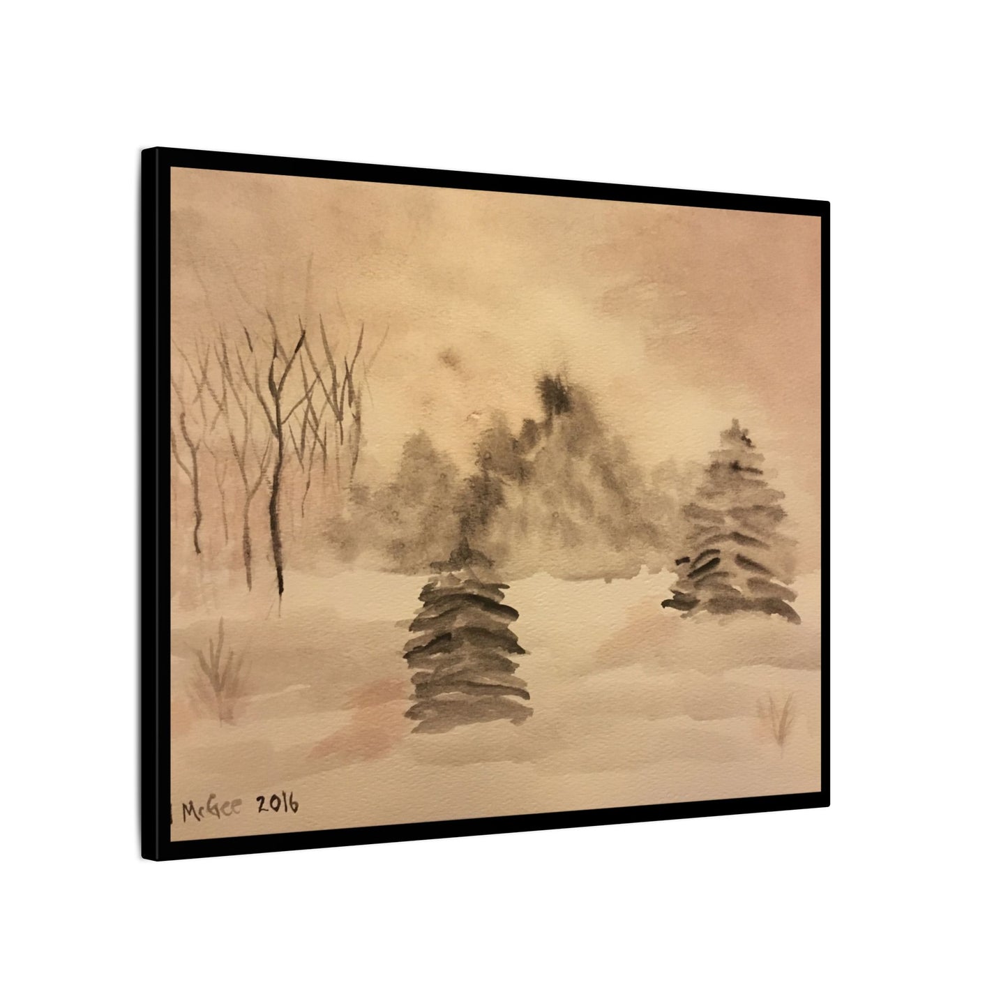 Canvas Wrap Winter Scene, Original Watercolor Print, Snow, Trees, Nature, Matte Print, Artwork, Wall Art, Black Tones, Gift, Christmas