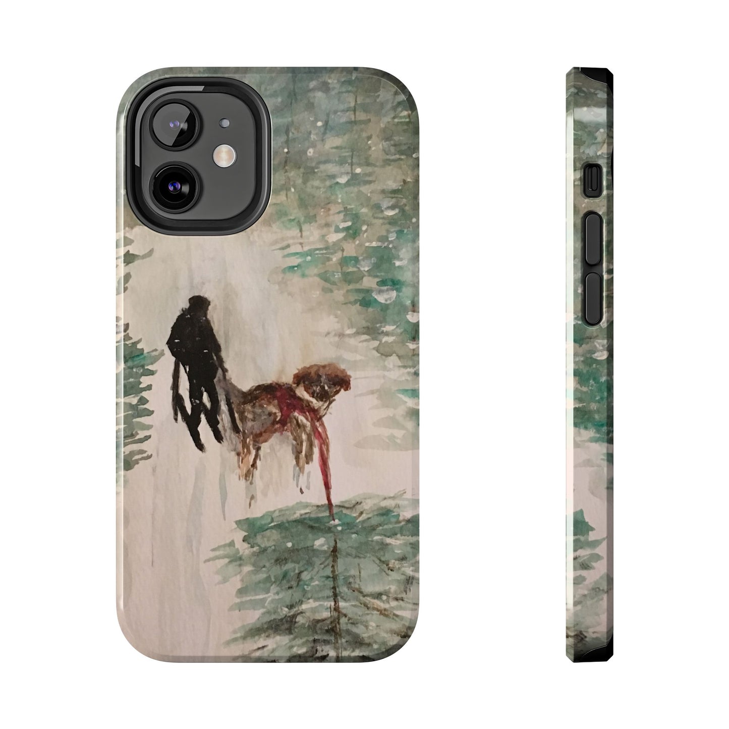 Skier Dog Pulling Tree Tough Phone Cases, iPhone & Samsung cases, wireless charging, pine trees, snow, original artwork, gifts, Christmas