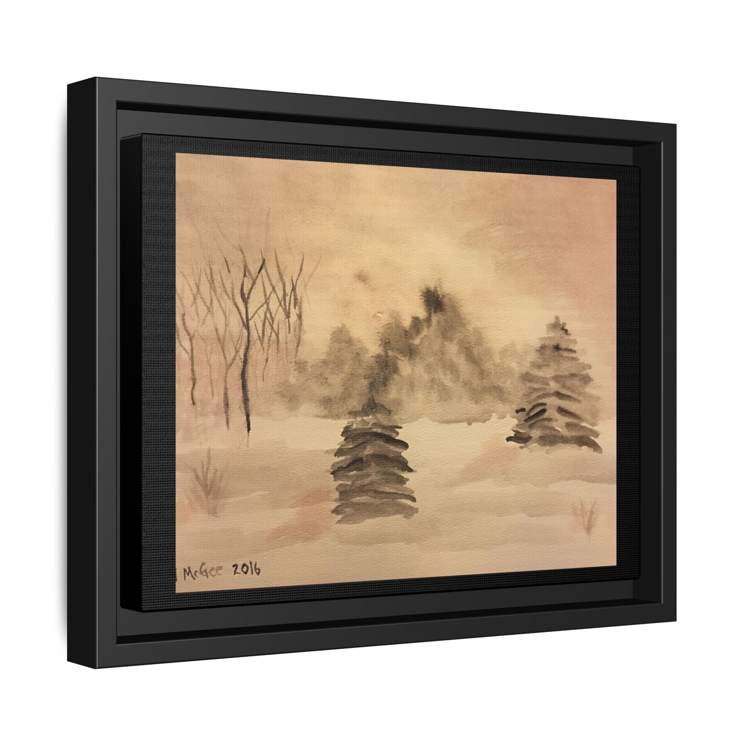Black Frame Winter Scene, Original Watercolor Print, Snow, Nature, Trees, Forest, Artwork, Wall Art, Canvas, Black Tones, Gift, Christmas