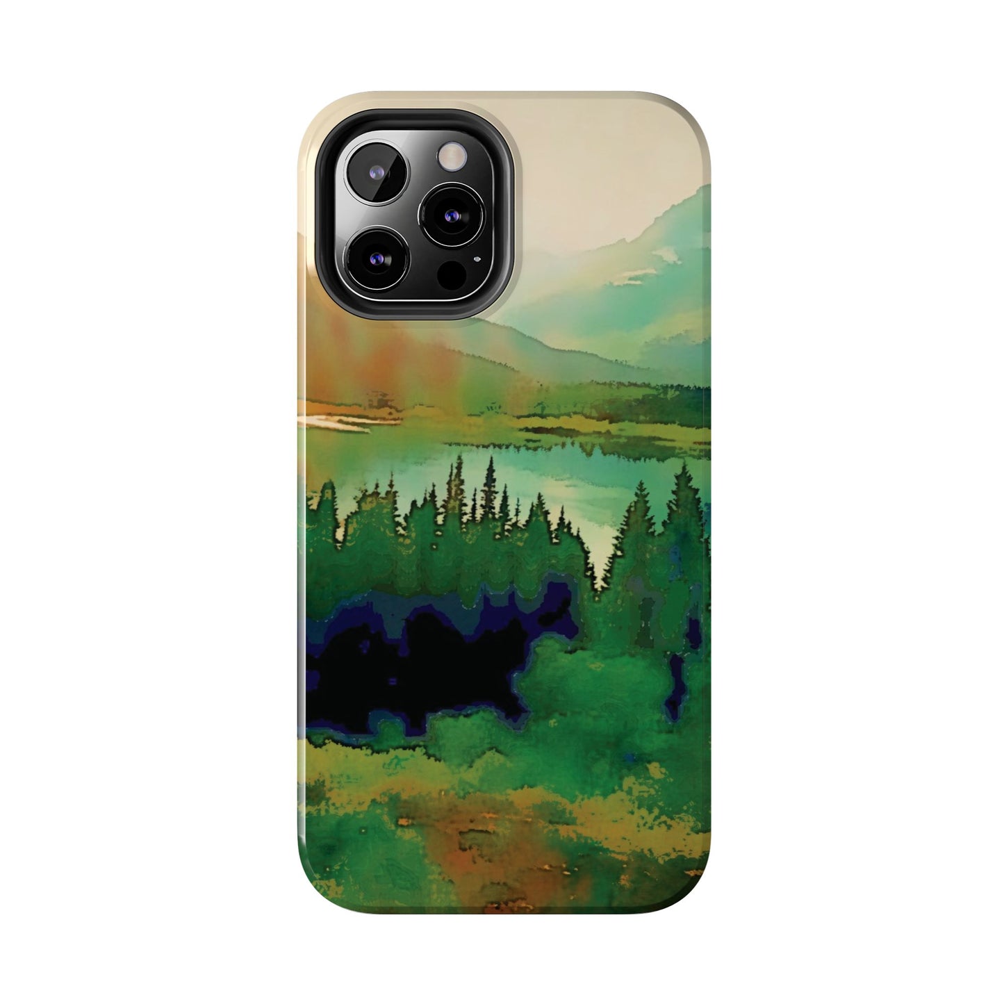 Mountain Lake Tough Phone Cases, iPhone & Samsung cases, wireless charging, trees, nature, colorful, original artwork, gifts, Christmas