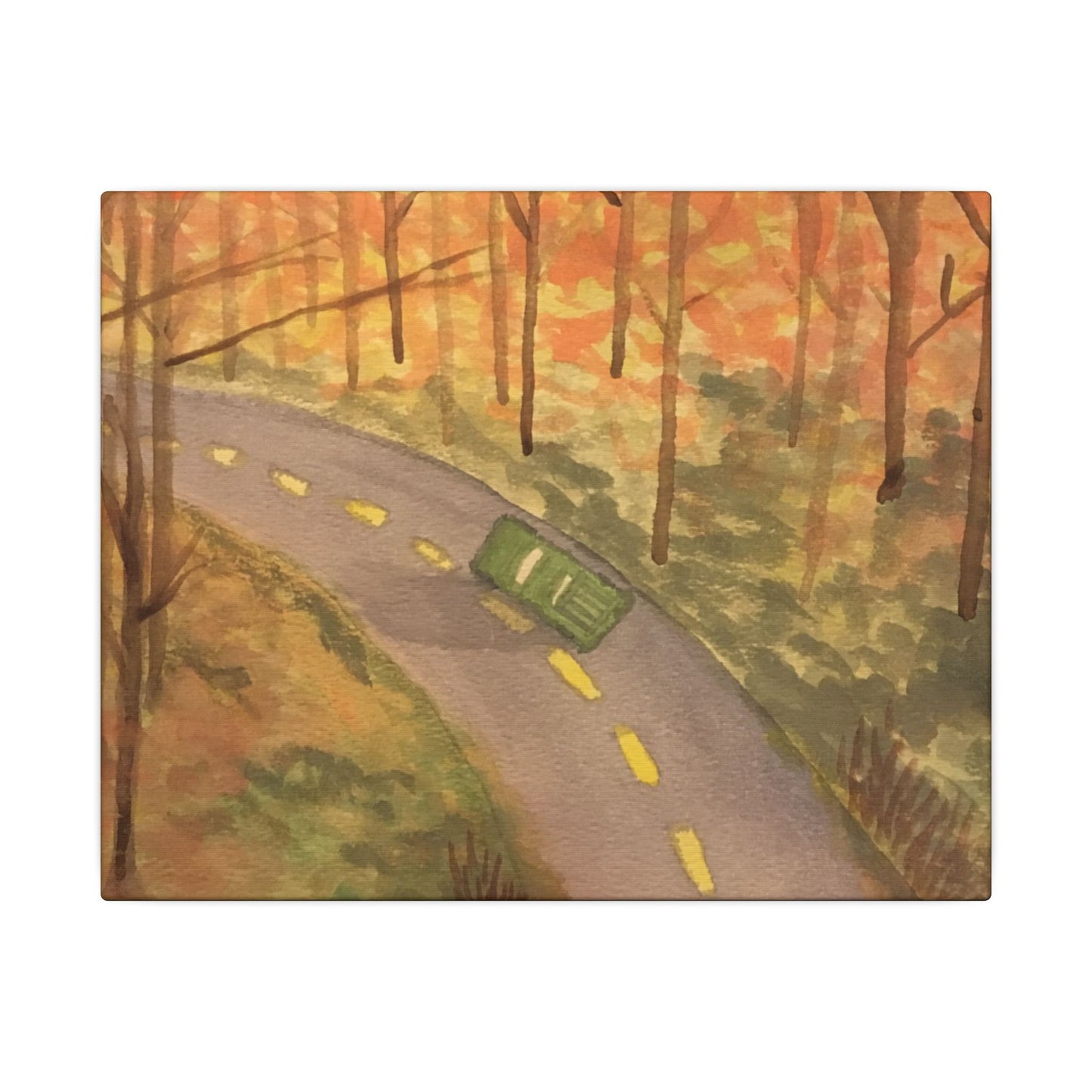 Canvas Wrap Autumn Drive in the Country, Nature, America, Trees, Original Watercolor Print, Artwork, Wall Art, Green Truck, Fall Leaves