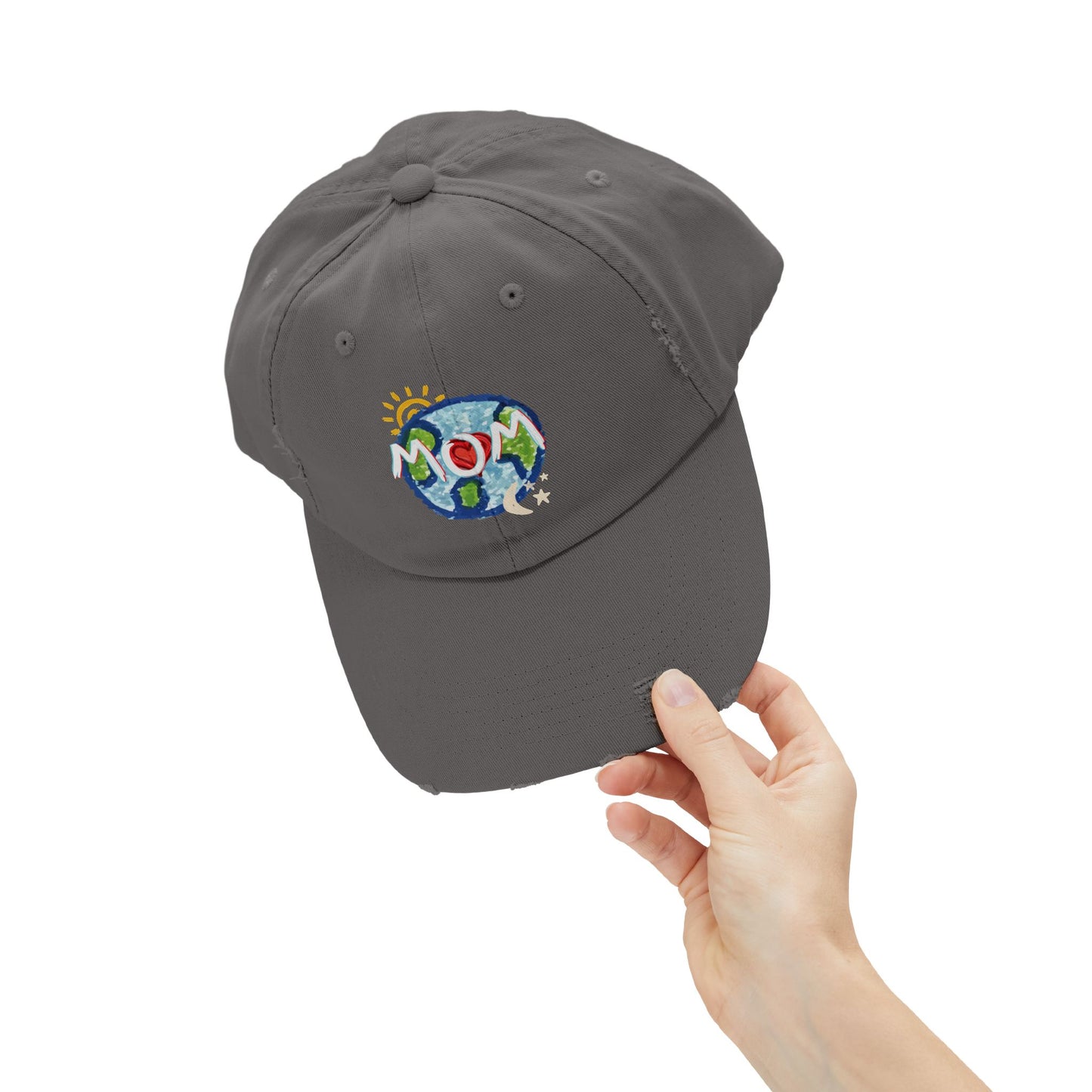 MOM Unisex Distressed Cap, Whole World, Sun, Moon & Stars, Heart, Mothers Day, Gifts for Women, Gift, Hats, Cotton Twill, Adjustable