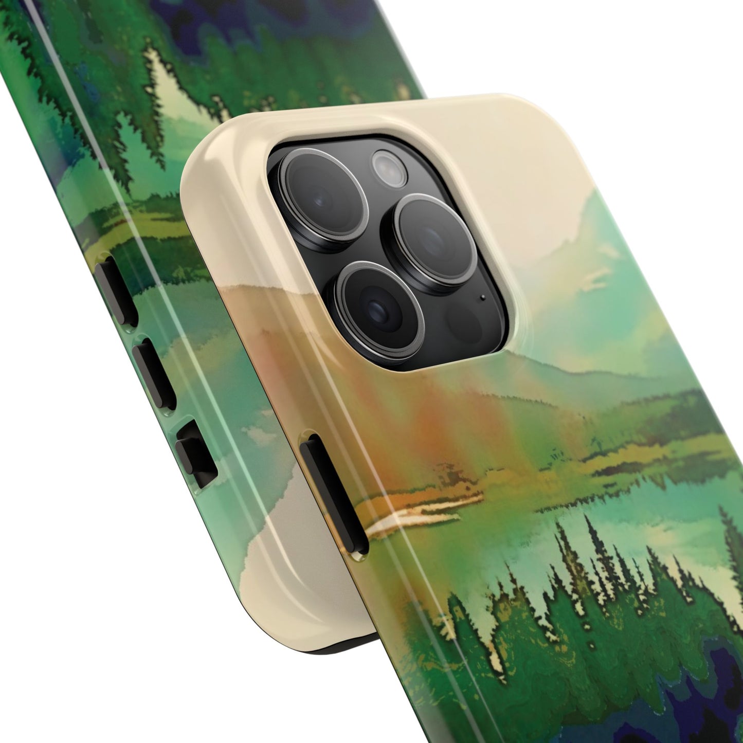Mountain Lake Tough Phone Cases, iPhone & Samsung cases, wireless charging, trees, nature, colorful, original artwork, gifts, Christmas