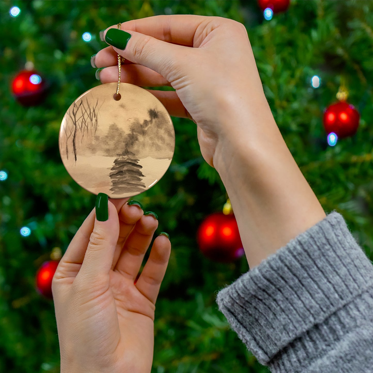 Winter Scene Hanging Ceramic Ornament, 2 Shapes, Round or Snowflake, Christmas Tree, Holiday, Gifts, Snow, Pine Trees, Forest