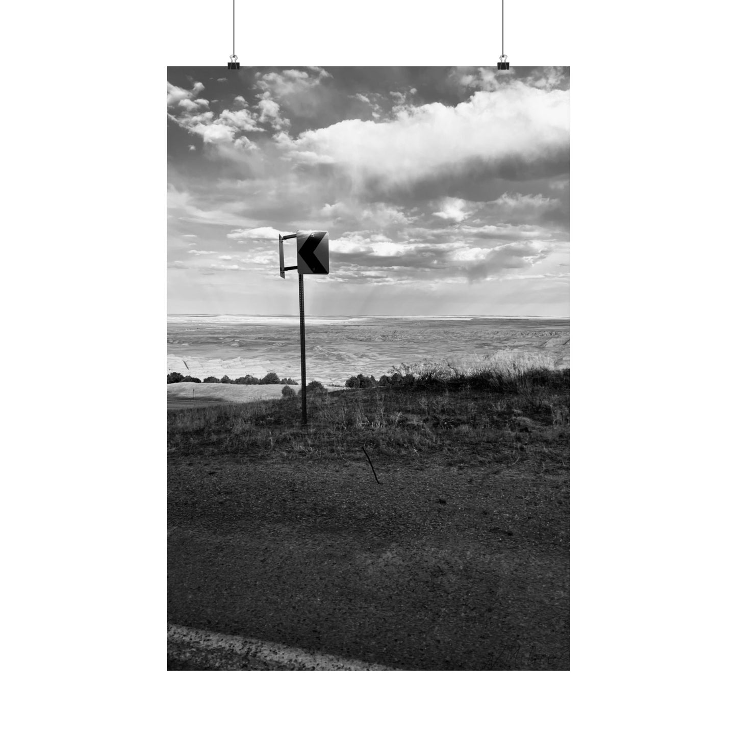 Road Sign Matte Vertical Poster, Badlands, Landscape, Black and White, Wall Art, Photo, Artwork, Decor, Gift, Nature, Warning