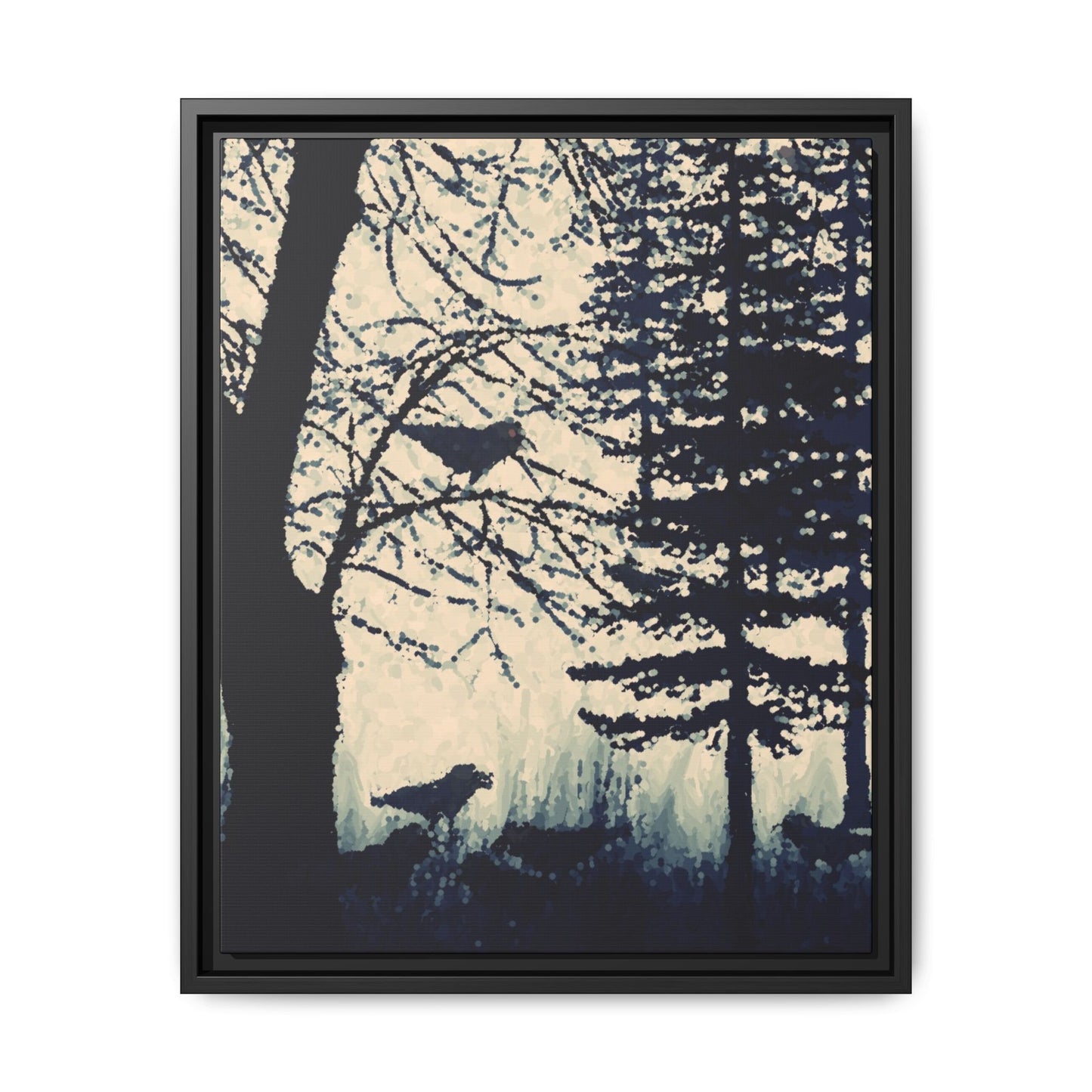 Black Frame Crows in Forest, Dark Black & White, Matte Canvas, Original Artwork, Wall Art, Decor, Trees, Birds, Nature, Gift, Eco, Halloween