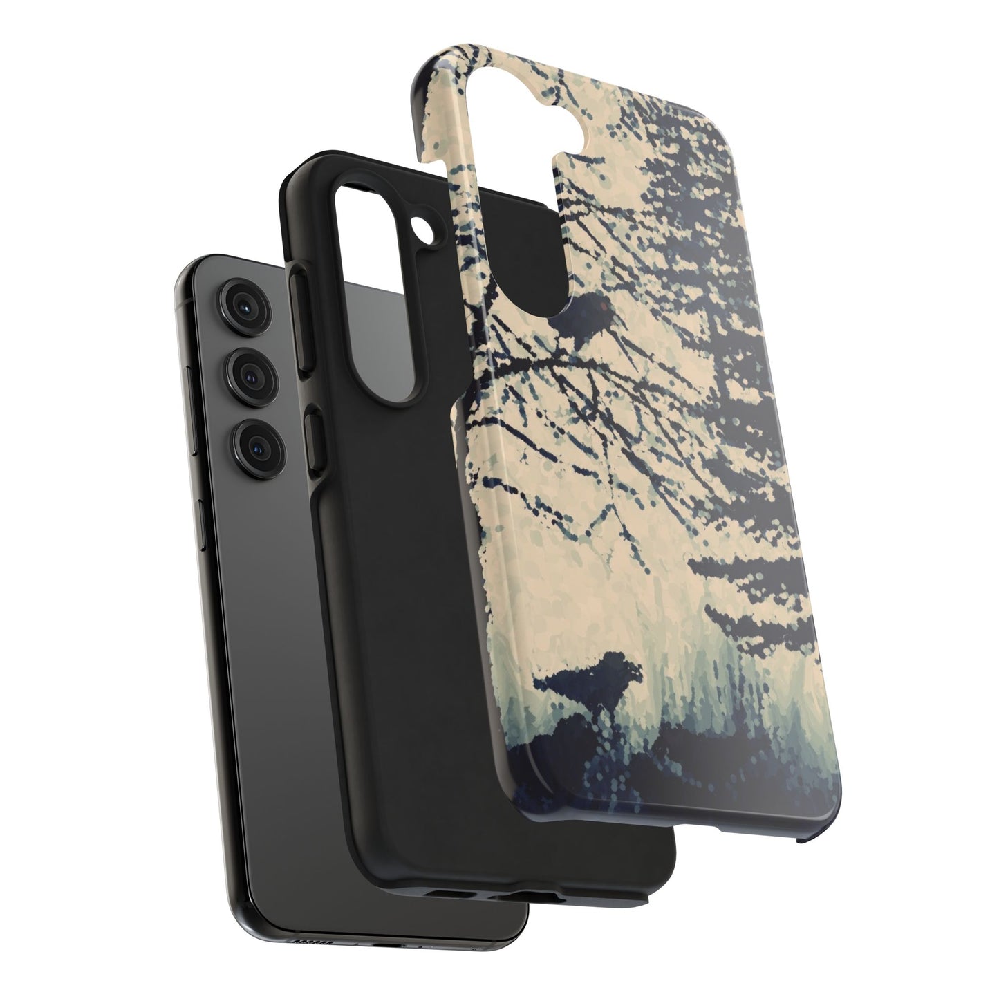 Crows in Forest Tough Phone Cases, iPhone & Samsung cases, wireless charging, crows, trees, birds, original artwork, gifts, Halloween