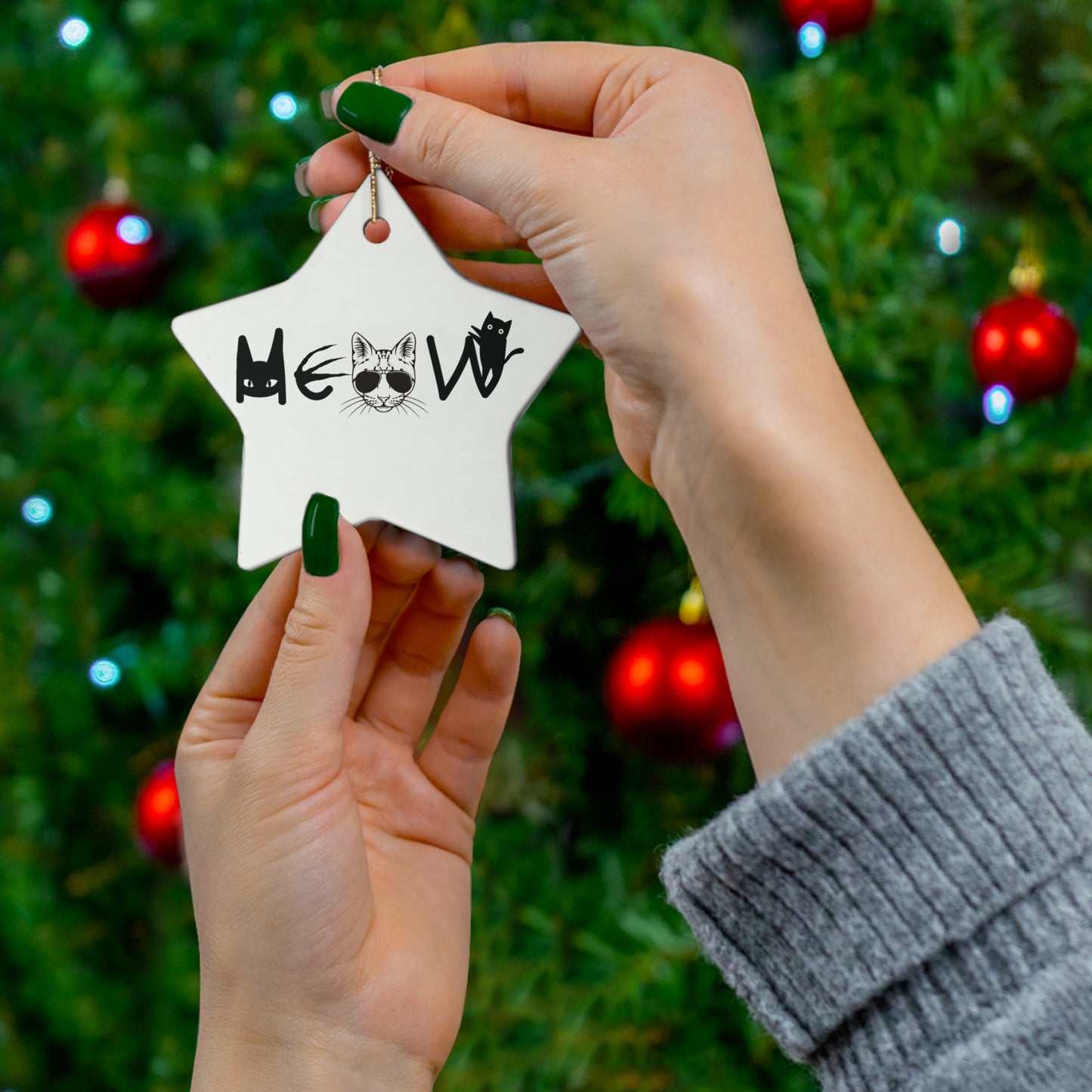 Meow White & Black Hanging Ornament, cats, sassy, decor, fun, Circle Snowflake Heart Star, Holiday, Gifts, all ages, Christmas, Halloween