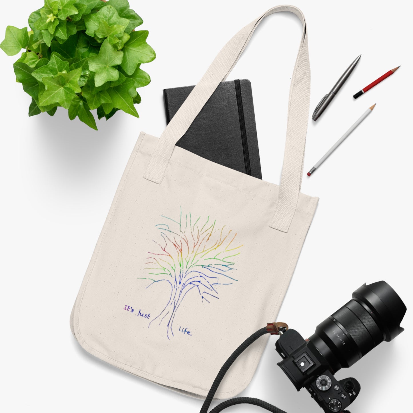 Its Just Life Rainbow Tree Organic Canvas Tote Bag, Groceries, Shopping, Eco Friendly, Gift Bags, 100% Organic Cotton, Beige, Black, Navy