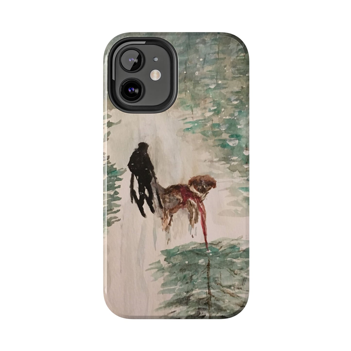 Skier Dog Pulling Tree Tough Phone Cases, iPhone & Samsung cases, wireless charging, pine trees, snow, original artwork, gifts, Christmas