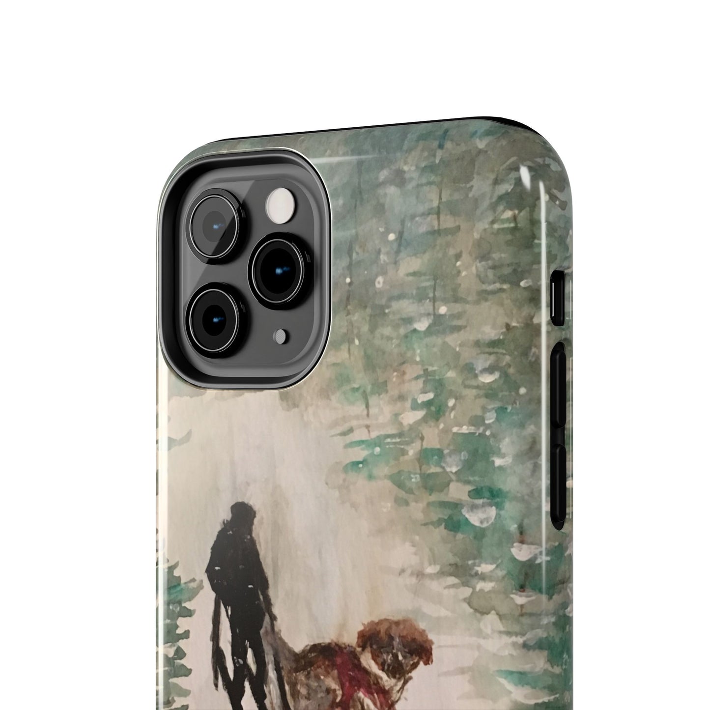 Skier Dog Pulling Tree Tough Phone Cases, iPhone & Samsung cases, wireless charging, pine trees, snow, original artwork, gifts, Christmas