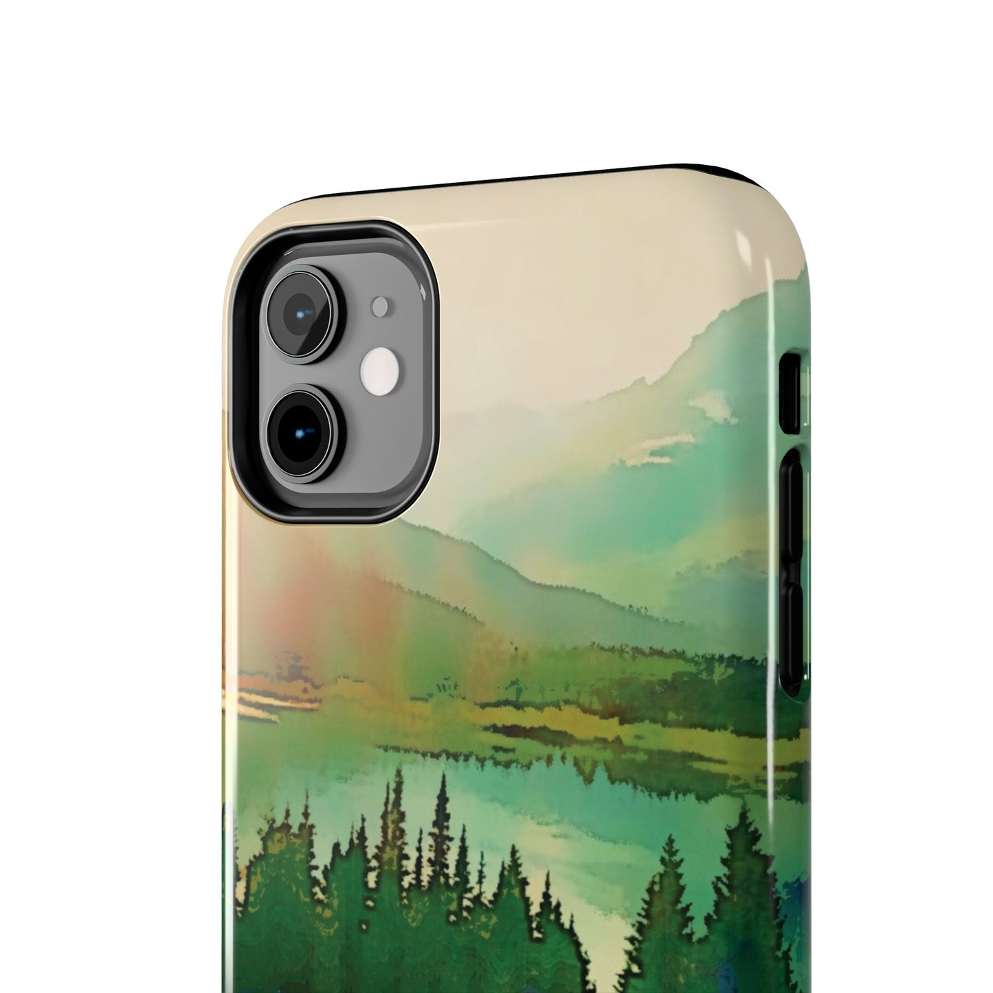 Mountain Lake Tough Phone Cases, iPhone & Samsung cases, wireless charging, trees, nature, colorful, original artwork, gifts, Christmas