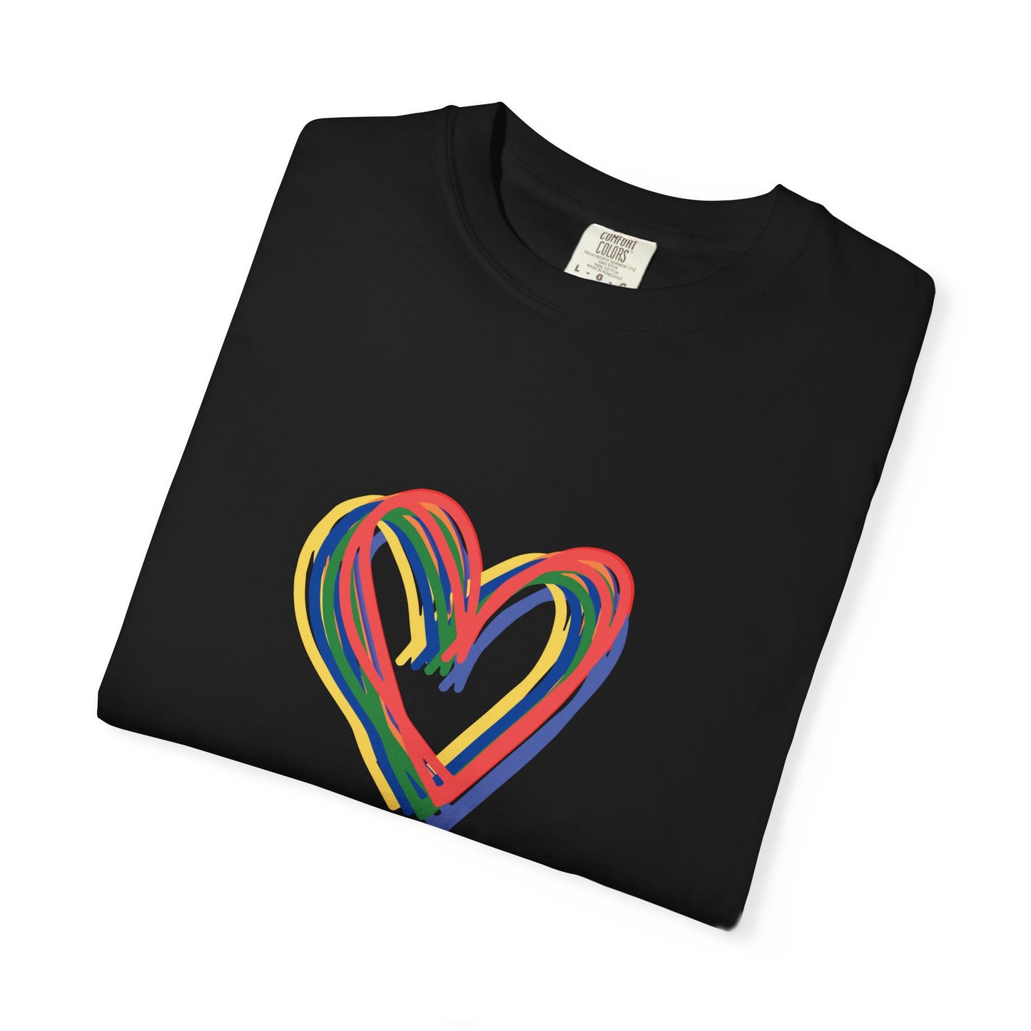 Rainbow Hearts Unisex Garment-Dyed T-shirt, love, Pride, gender neutral, casual, men, women, relaxed, soft, preshrunk cotton, Valentines Day