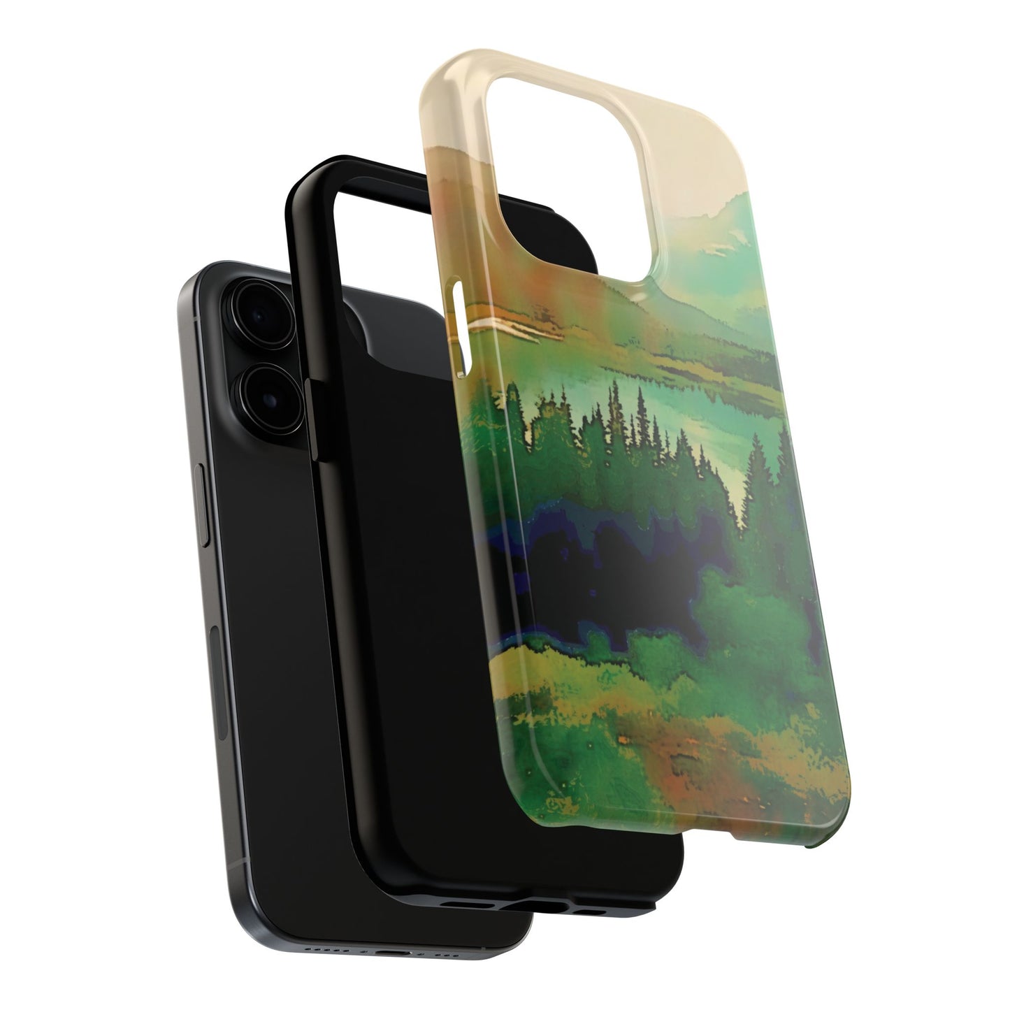 Mountain Lake Tough Phone Cases, iPhone & Samsung cases, wireless charging, trees, nature, colorful, original artwork, gifts, Christmas