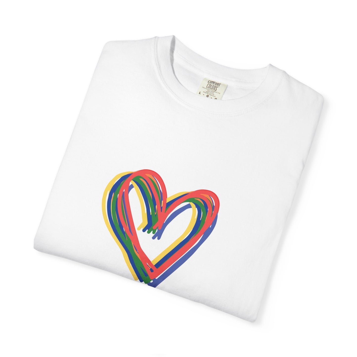 Rainbow Hearts Unisex Garment-Dyed T-shirt, love, Pride, gender neutral, casual, men, women, relaxed, soft, preshrunk cotton, Valentines Day