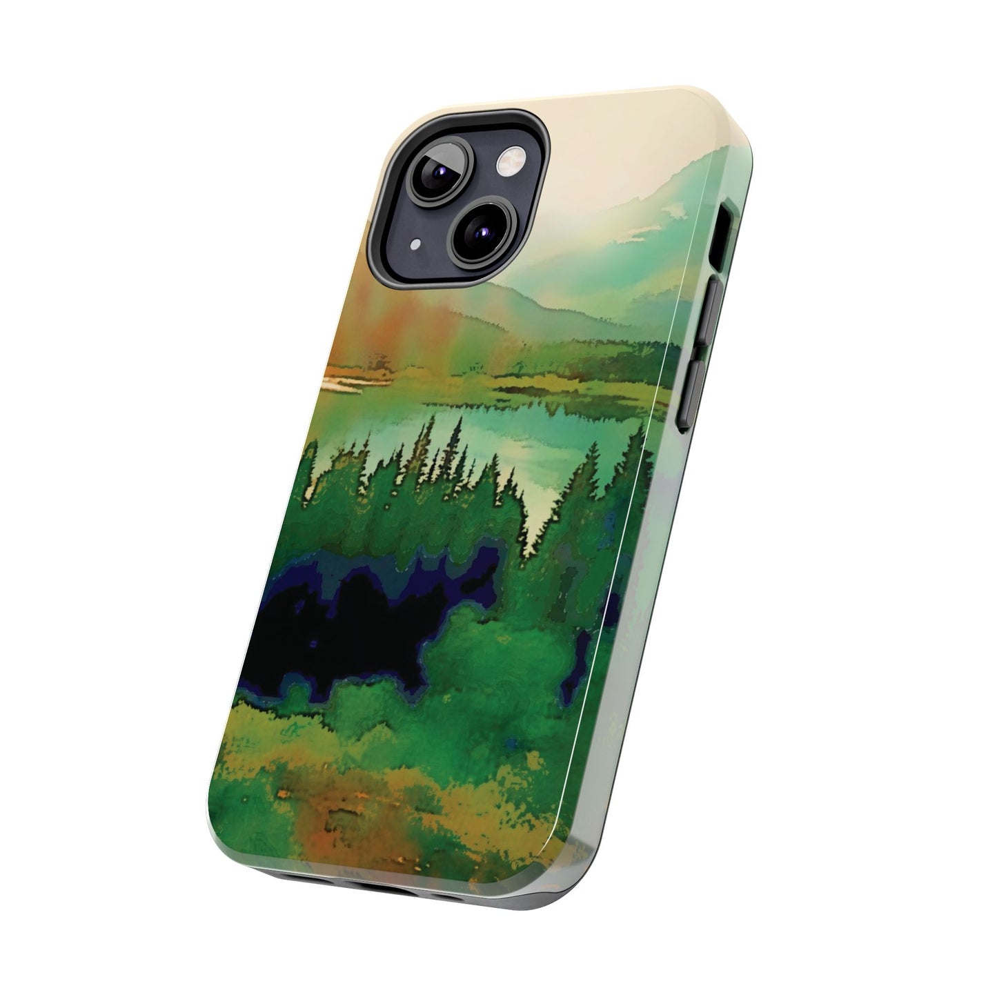 Mountain Lake Tough Phone Cases, iPhone & Samsung cases, wireless charging, trees, nature, colorful, original artwork, gifts, Christmas