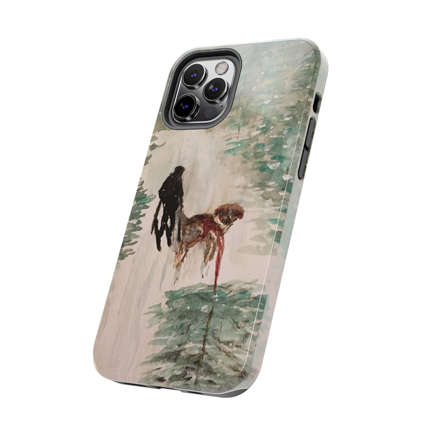 Skier Dog Pulling Tree Tough Phone Cases, iPhone & Samsung cases, wireless charging, pine trees, snow, original artwork, gifts, Christmas