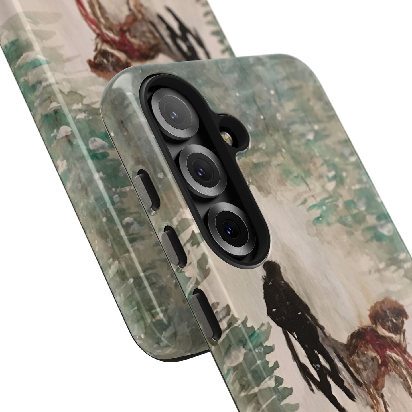 Skier Dog Pulling Tree Tough Phone Cases, iPhone & Samsung cases, wireless charging, pine trees, snow, original artwork, gifts, Christmas